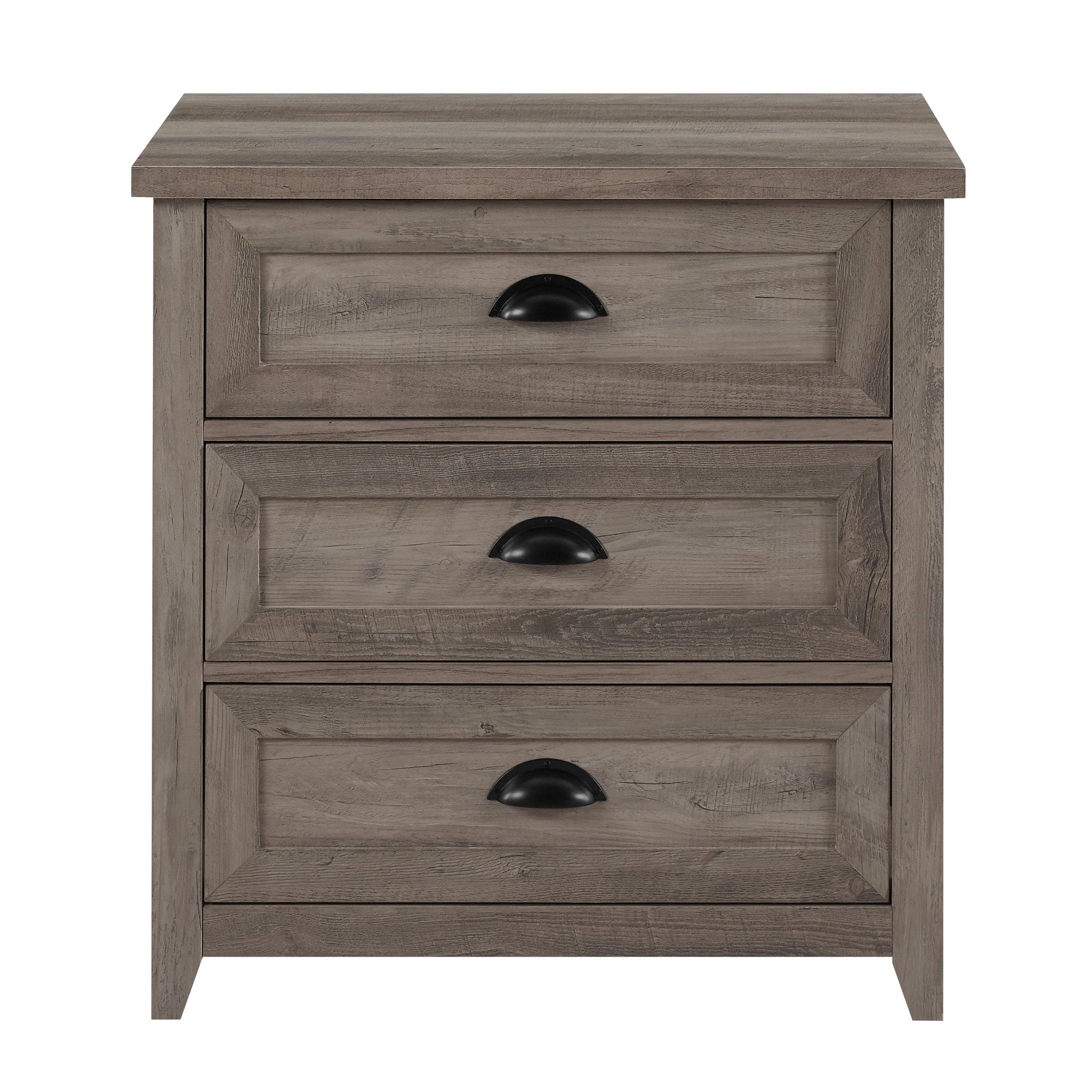 Transitional Farmhouse Framed 3 Drawer Nightstand With Cup Handles Grey Wash Gray Wash Mdf