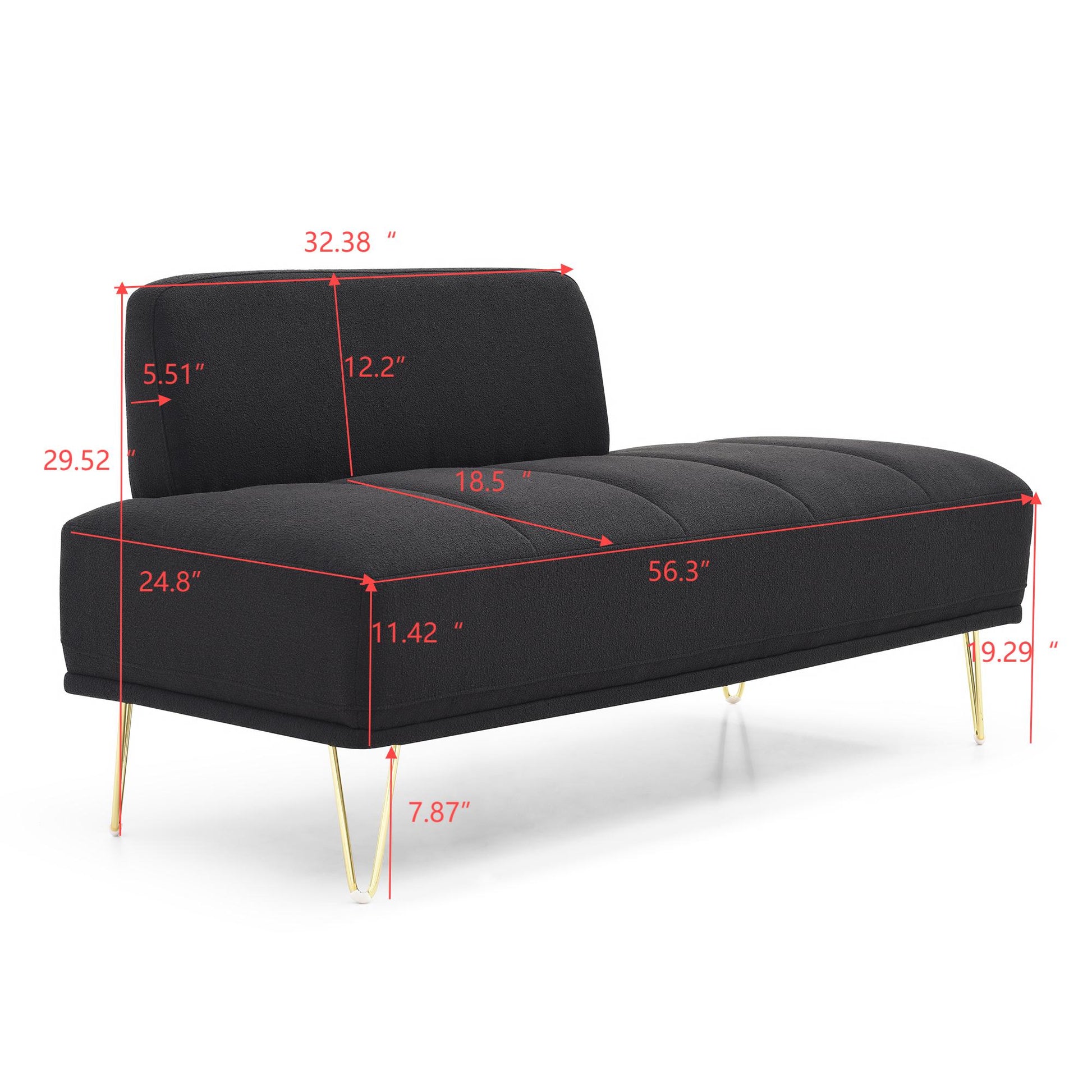 56.3"Inch Width Modern End Of Bed Bench,Teddy Fabric Upholstered 2 Seater Sofa Couch Entryway Ottoman Bench, Fuzzy Sofa Stool Footrest Window Bench With Gold Metal Legs For Bedroom, Living Room,Black Black Wood Modern Foam Teddy 2 Seat