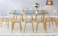 Table And Chair Set.Modern Rectangular Glass Dining Table With Tempered Glass Countertop And Golden Metal Legs, Paired With Multiple Transparent High Quality Pet Dining Chairs With Golden Legs. Gold Seats 8 Tempered Glass
