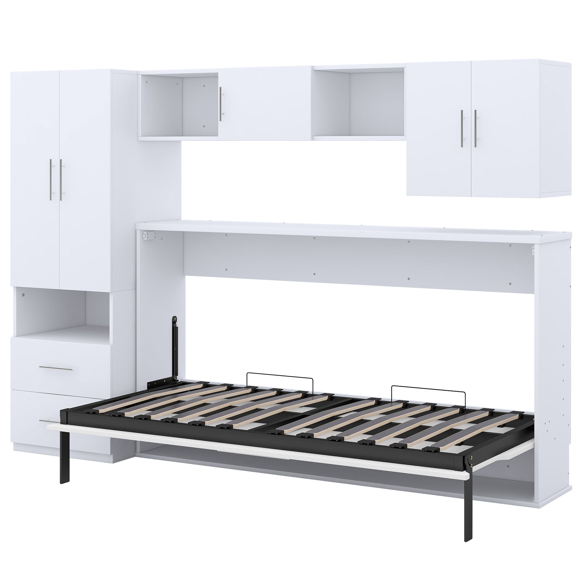 Twin Size Murphy Bed With Open Shelves And Storage Drawers,Built In Wardrobe And Table, White Twin White Solid Wood Mdf