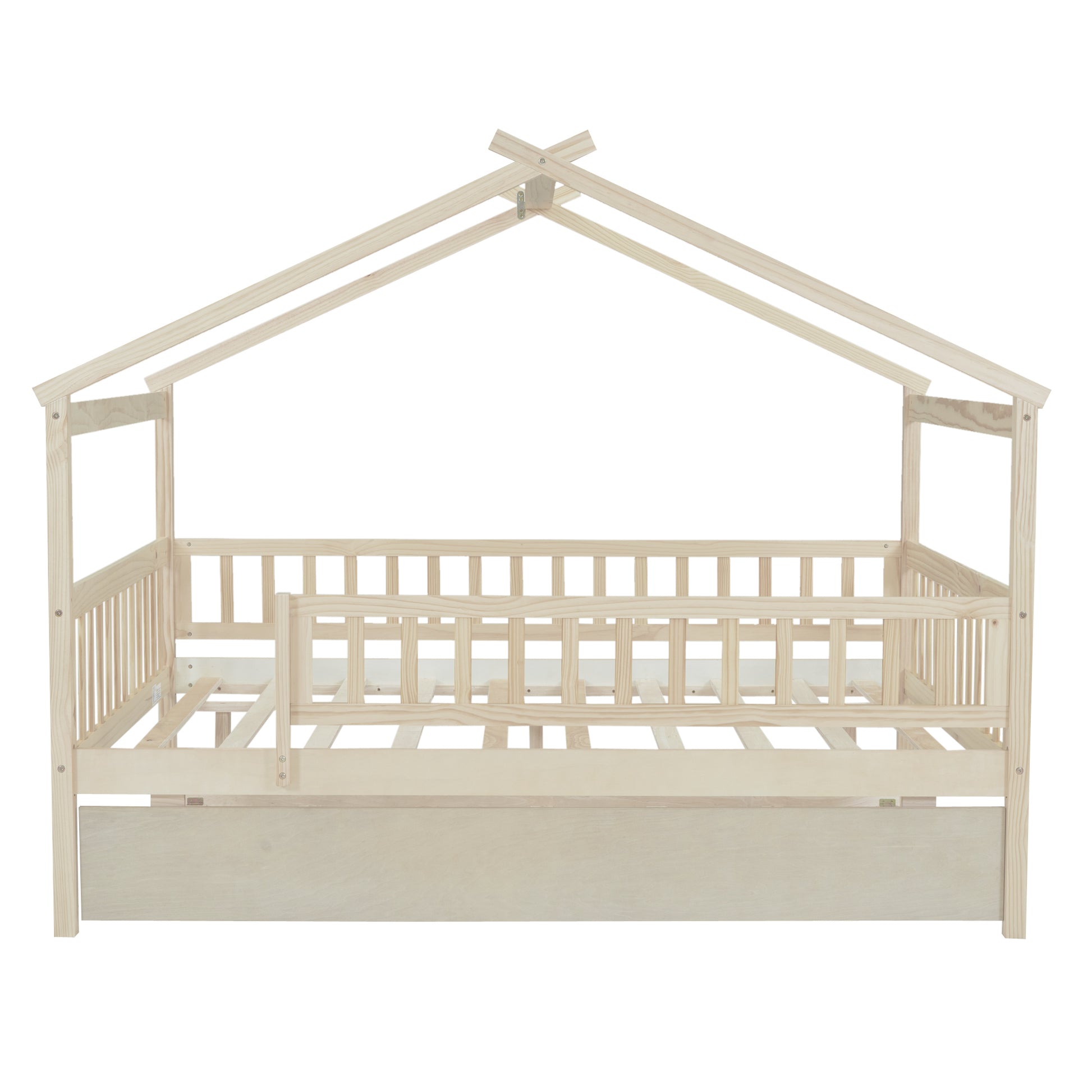 Full Size Wooden House Bed With Twin Size Trundle, Natural Full Natural Solid Wood Mdf