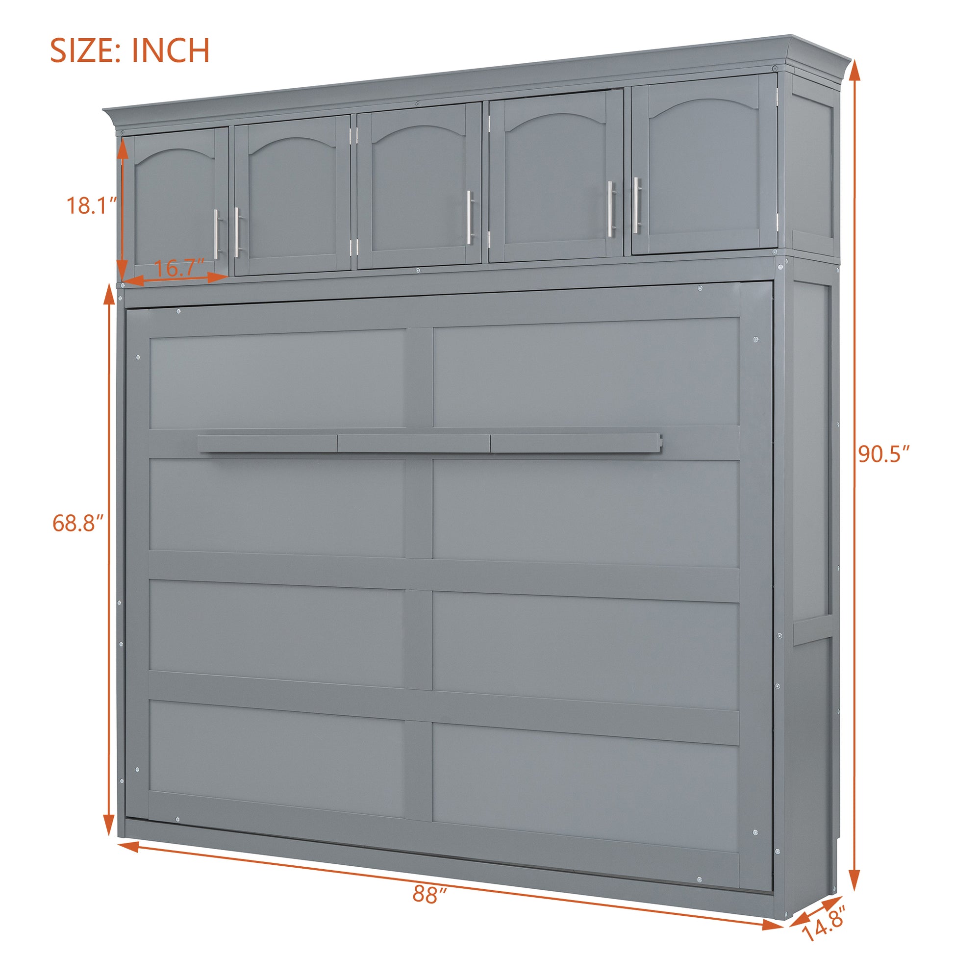 Queen Size Murphy Bed Wall Bed With Top Cabinets,Gray Queen Gray Plywood