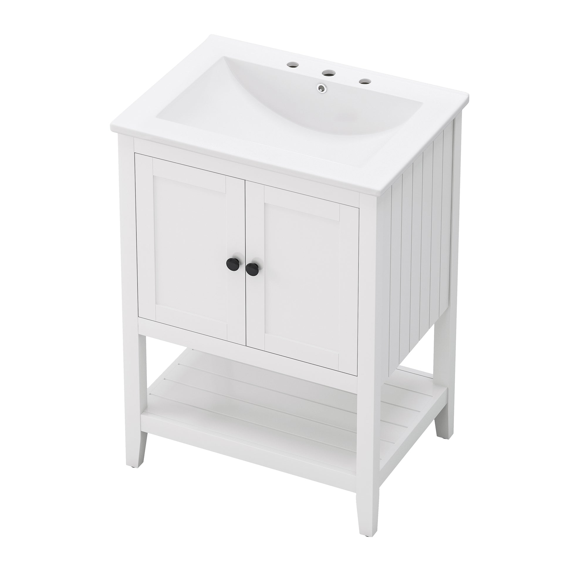 24" White Modern Sleek Bathroom Vanity Elegant Ceramic Sink With Solid Wood Frame Open Style Shelf White Solid Wood