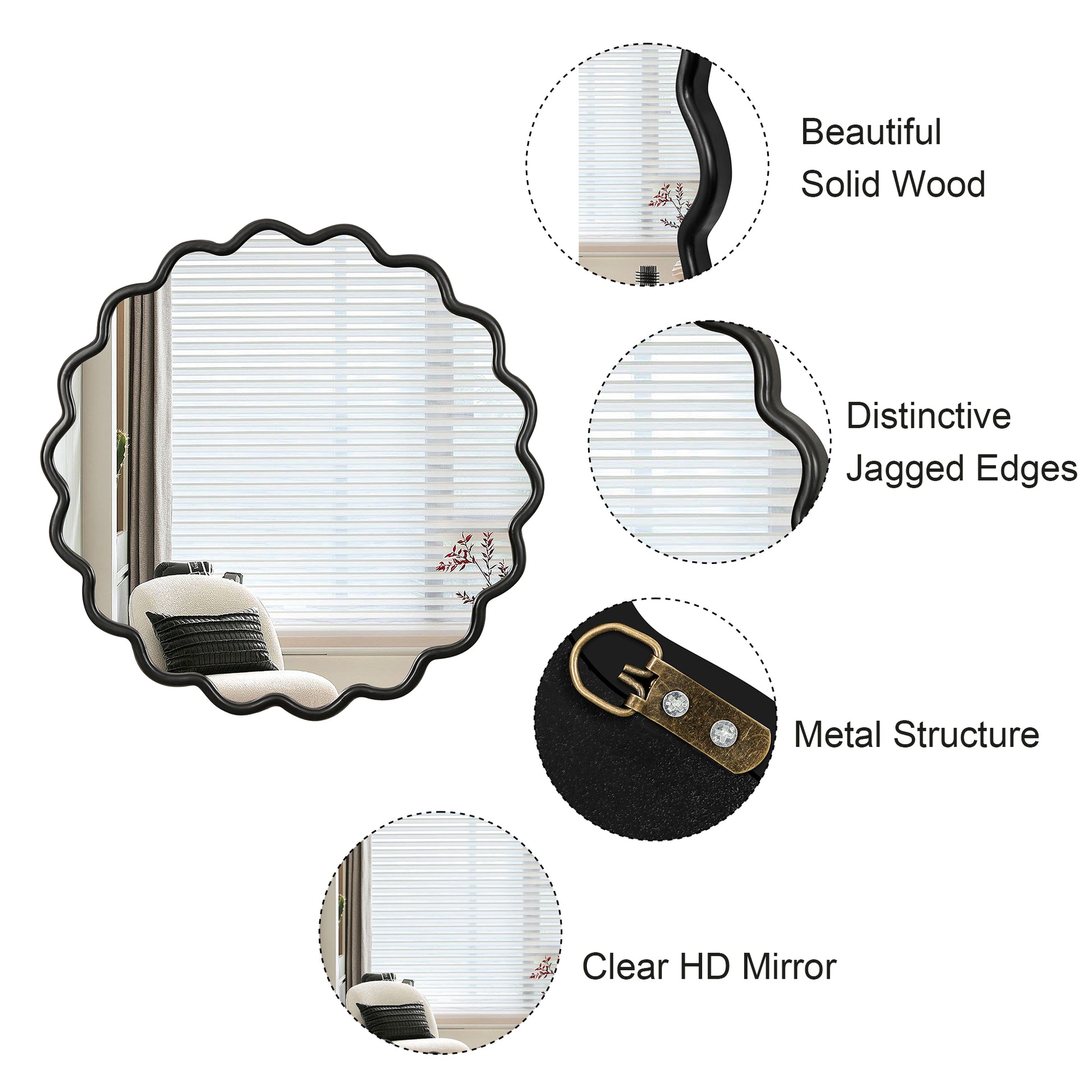 Solid Wood Wavy Mirror Black Vanity Mirror Wall Decor 42" X 42" Modern Mirror Wall Decor For Bathroom, Bedroom, Living Room, Dining Room, Cloakroom, Entryway Antique Black Glass Solid Wood