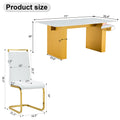 Table And Chair Set.Large Modern Rectangular Table With 0.4 Inch Patterned Glass Tabletop And Large Mdf Table Legs.Comes With 8 Chairs With Faux Leather Cushioned Seats And Golden Metal Legs. Gold White Seats 8 Mdf Glass