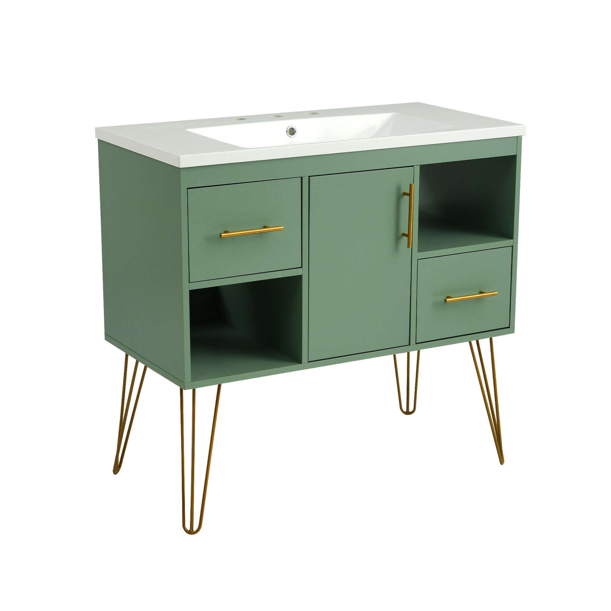36'' Bathroom Vanity With Resin Sink Combo Set, Modern Freestanding Single Bathroom Cabinet With 2 Drawers & 2 Storage Compartments, Storage Cabinet For Bathroom, Solid Wood Frame Vanity Set, Green Green Bathroom Modern Mdf