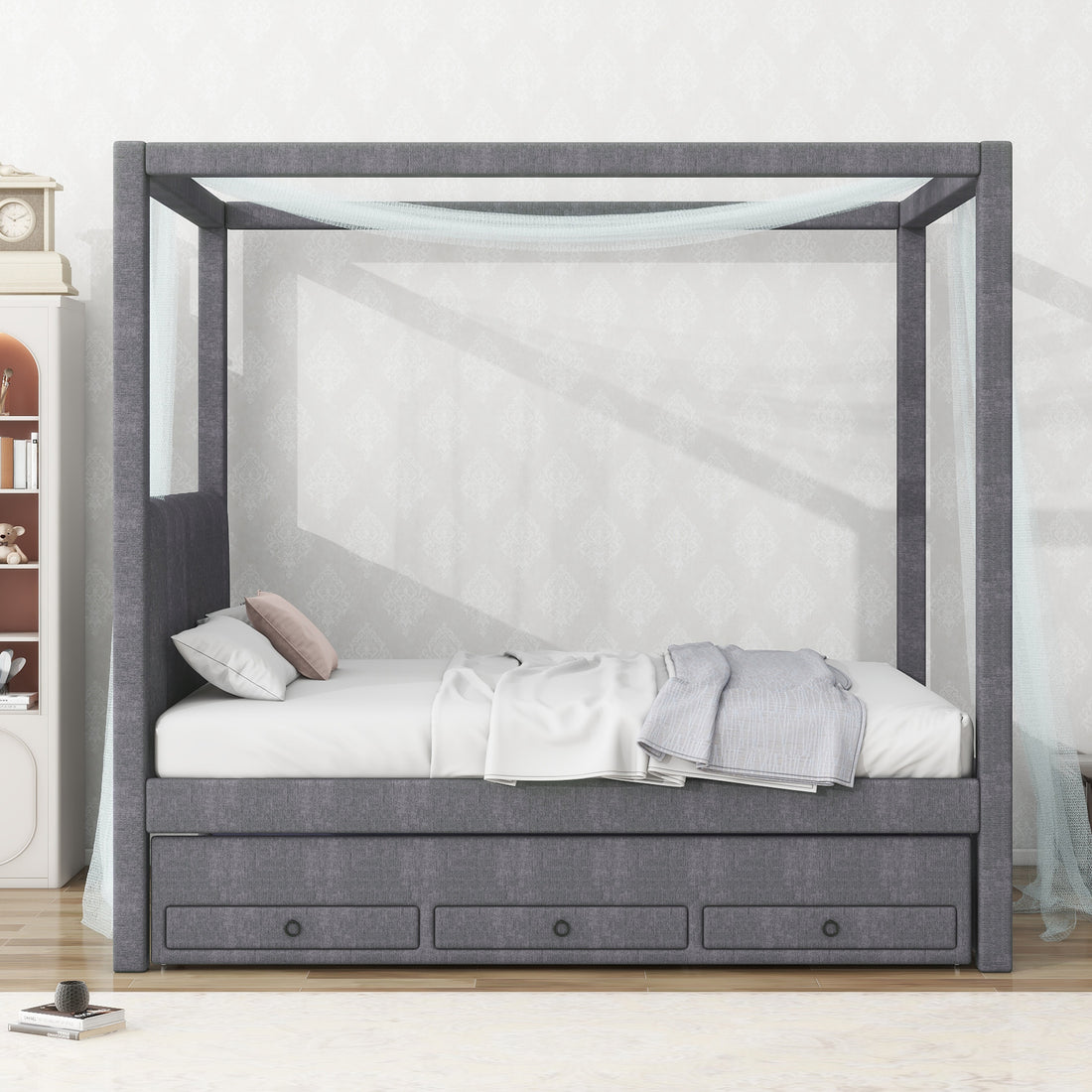 Full Size Upholstery Canopy Platform Bed With Trundle And Three Storage Drawers, Gray Full Gray Upholstered
