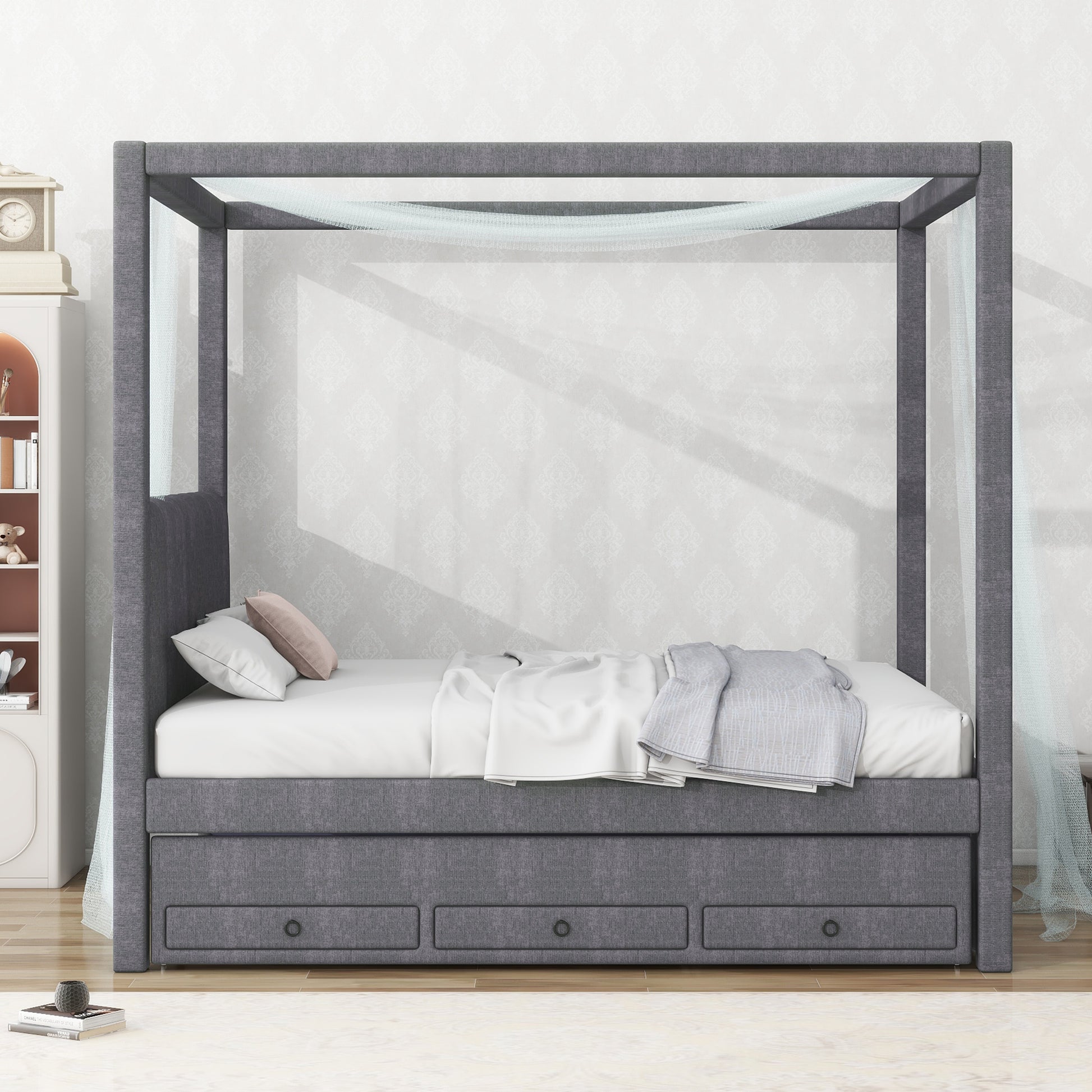 Full Size Upholstery Canopy Platform Bed With Trundle And Three Storage Drawers, Gray Full Gray Upholstered