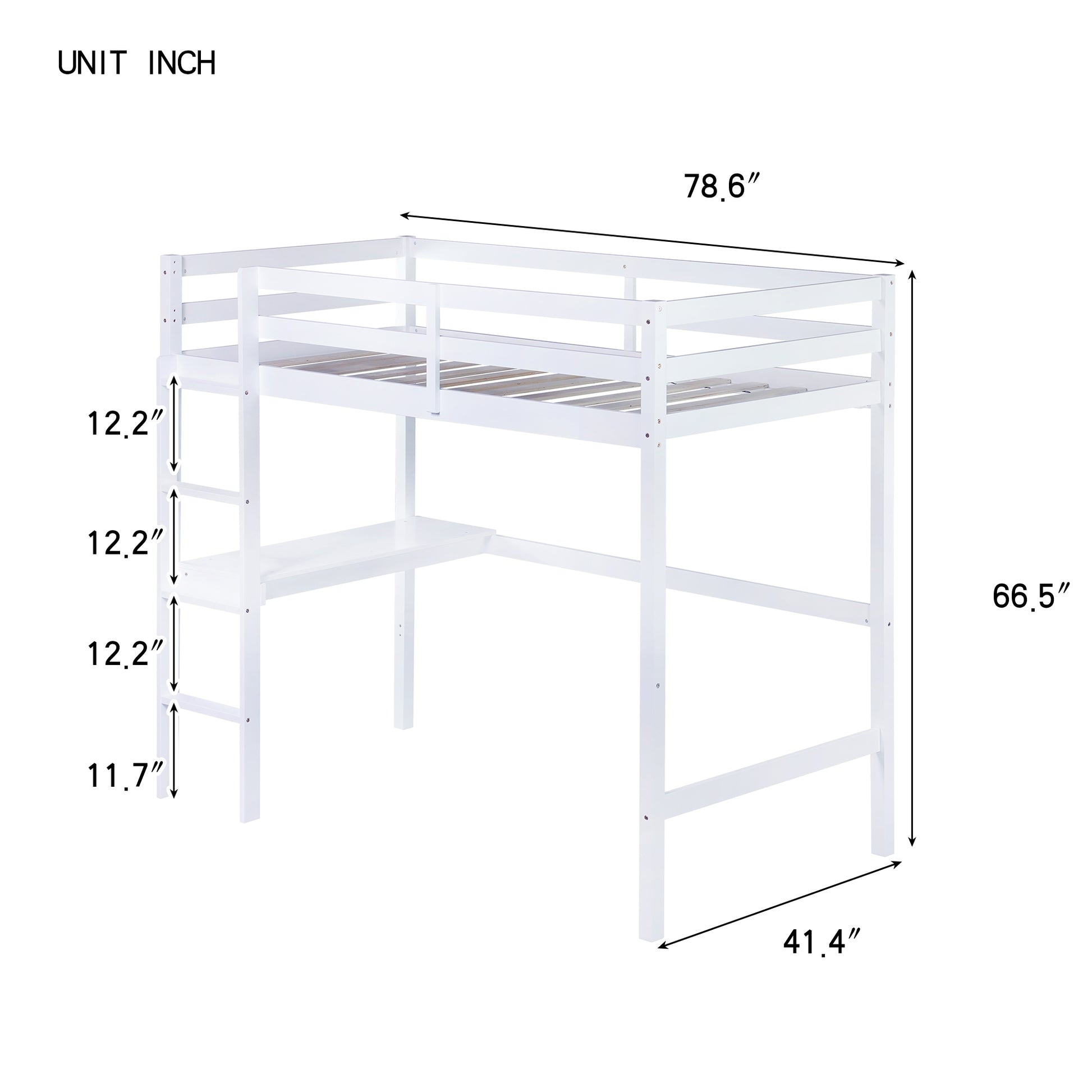 Twin High Loft Bed, Rubber Wood Loft Bed With Safety Guardrail, Built In Desk, Ladder,White Twin White Rubber Wood