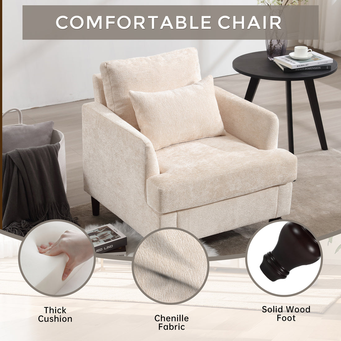 Coolmore Wood Frame Armchair, Modern Accent Chair Lounge Chair For Living Room,Tufted Club Chair, Mid Century Modern Arm Chairs With Studded, Solid Wood Frame, For Bedroom, Reading Beige Chenille Beige Chenille 1 Seat