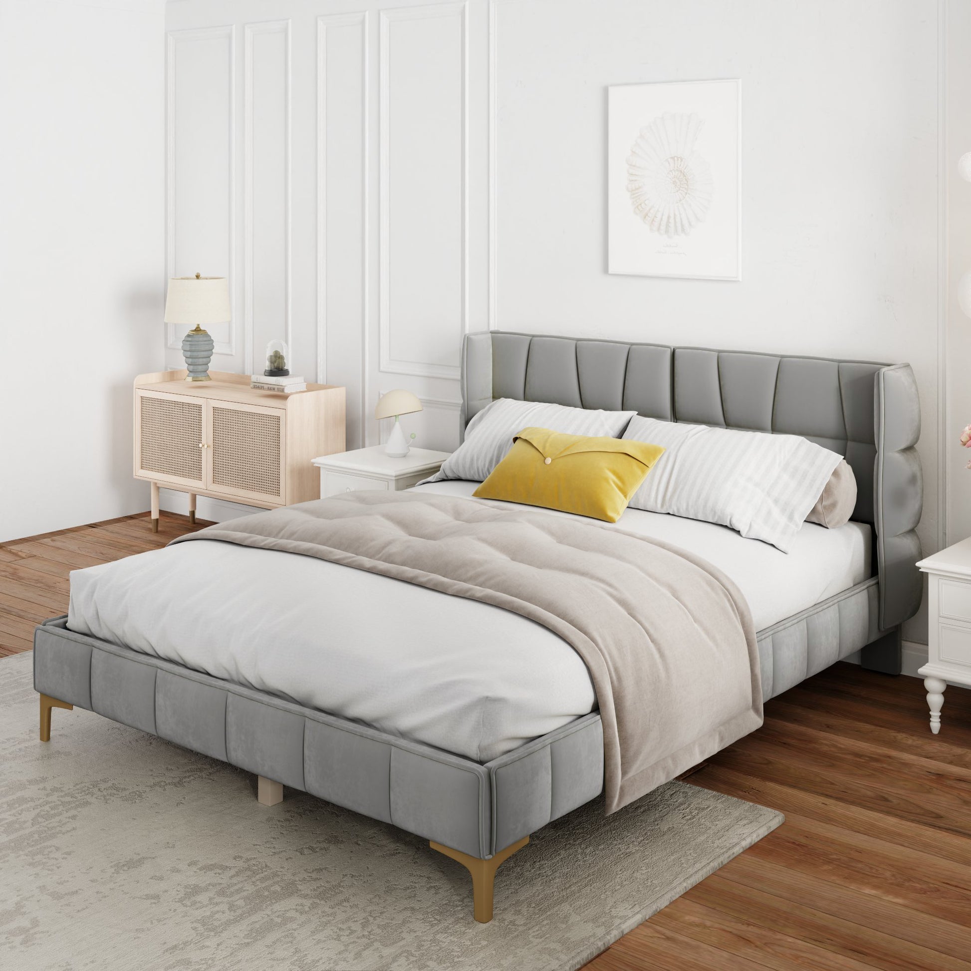 Queen Size Upholstered Velvet Platform Bed, Gray Box Spring Not Required Queen Gray Wood Bedroom Bed Frame Velvet Upholstered