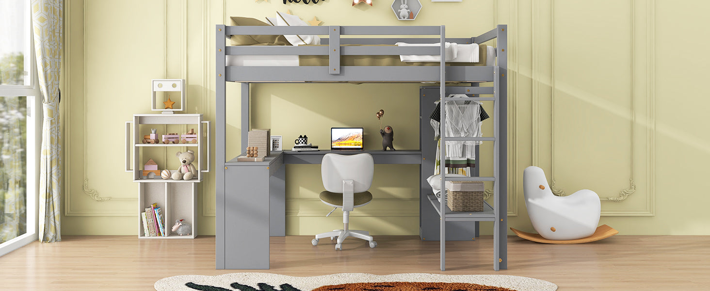 Full Size Loft Bed With L Shaped Desk, Wardrobe And Storage Shelves, Grey Expected Arrival Time: 8.31 Box Spring Not Required Full Grey Wood Bedroom Solid Wood Mdf
