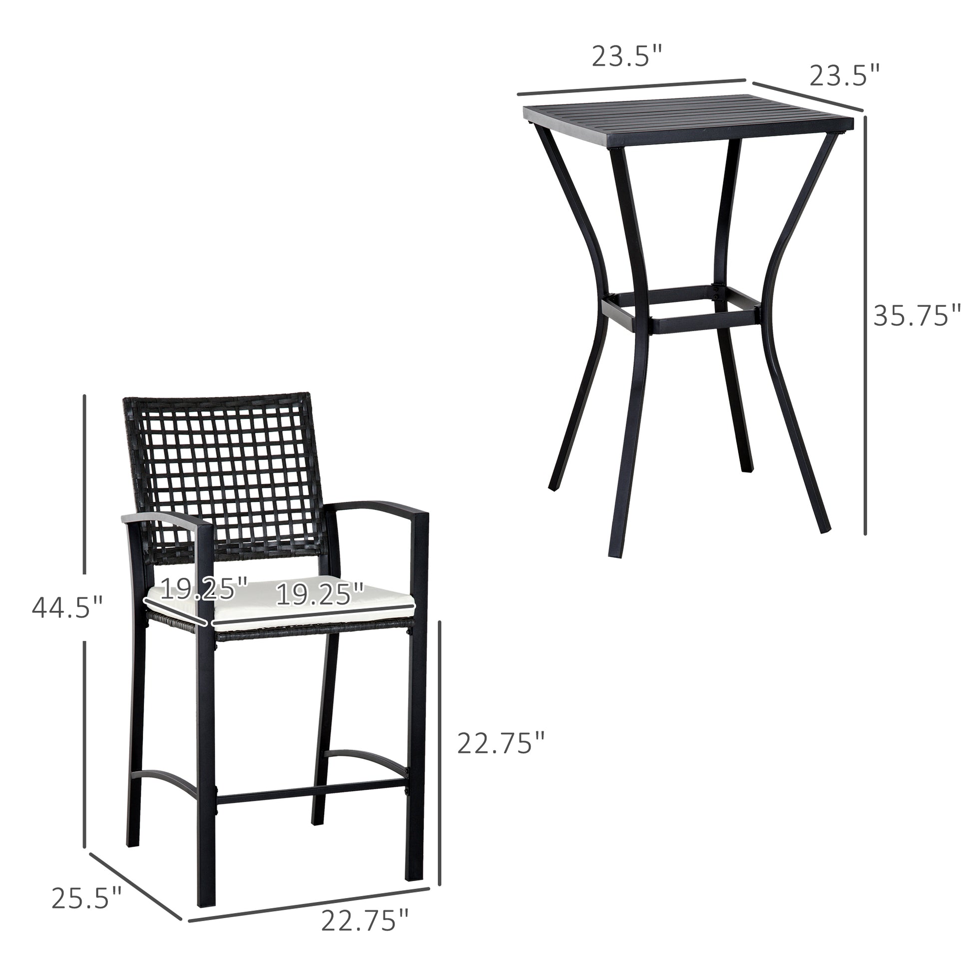 Outsunny 3Pcs Patio Bar Set With Soft Cushion, Rattan Wicker Outdoor Furniture Set For Backyards, Lawn, Deck, Poolside Black Steel