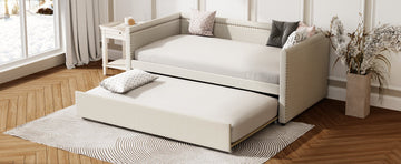 Modern Style Twin Size Upholstered Daybed With Trundle For Guest Room, Small Bedroom, Study Room, Beige Box Spring Not Required Twin Beige Wood Bedroom Traditional Daybeds Linen Upholstered