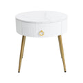 19.6'' Easy Assembly End Tables With High Gloss Faux Marble Tabletops, Set Of 2, Modern Fluted 2 Side Tables With Drawers, Round Coffee Tables With Golden Legs For Living Room, White White Gold Primary Living Space Drawers Round Mdf Iron