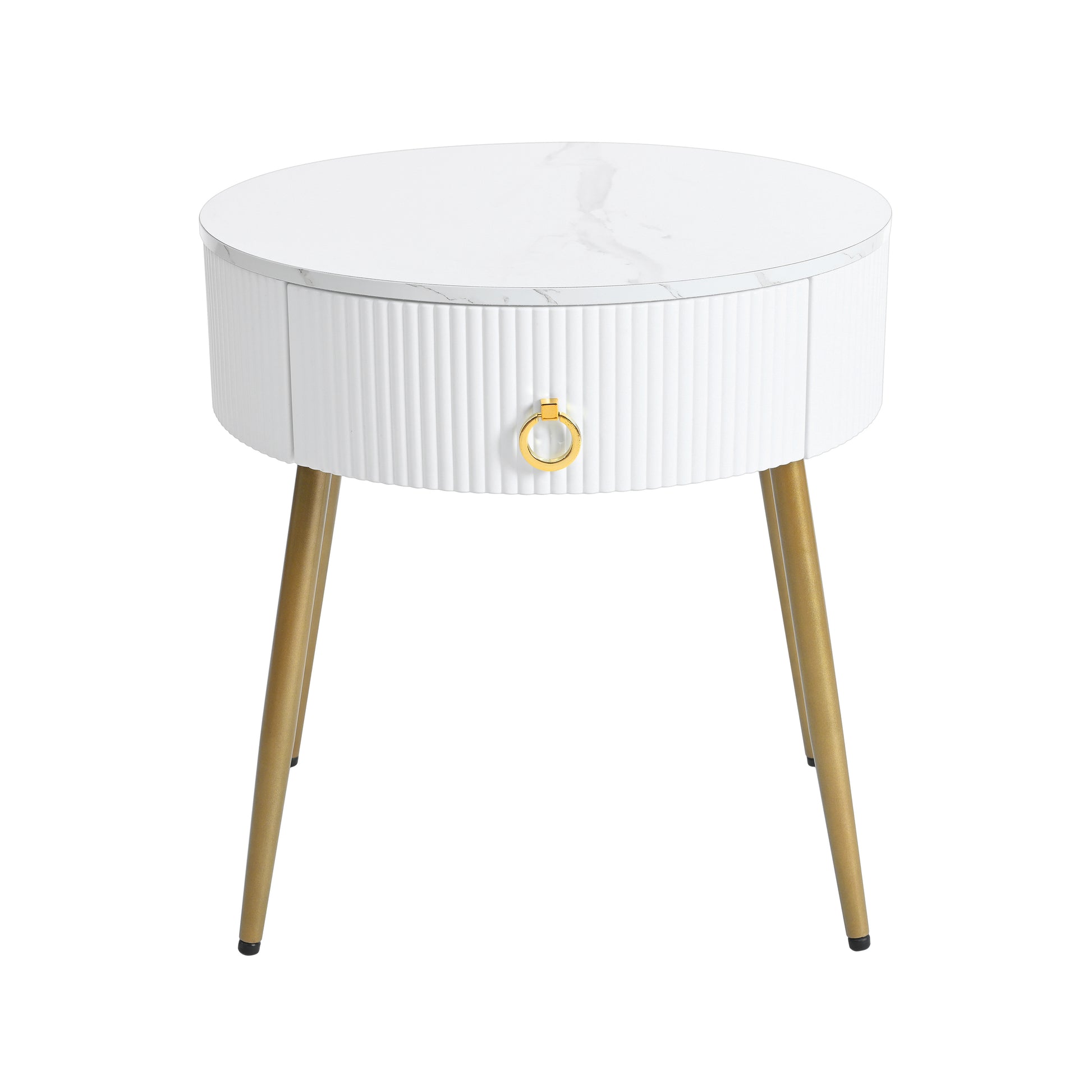 19.6'' Easy Assembly End Tables With High Gloss Faux Marble Tabletops, Set Of 2, Modern Fluted 2 Side Tables With Drawers, Round Coffee Tables With Golden Legs For Living Room, White White Gold Primary Living Space Drawers Round Mdf Iron