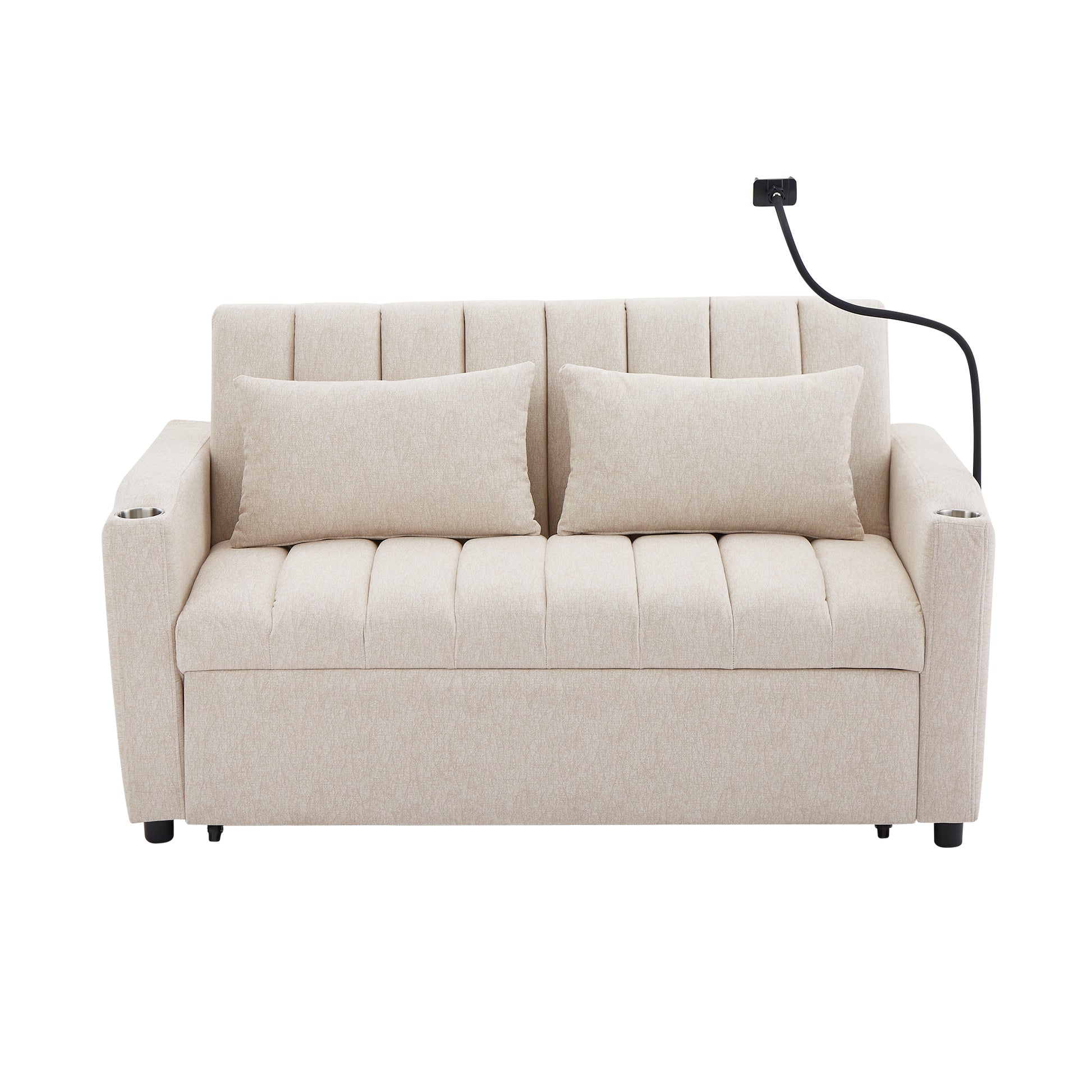 55.9" Convertible Sofa Bed Loveseat Sofa With Three Usb Ports, Two Side Pockets, Two Cup Holders And 360 Swivel Phone Holder For Living Room, Beige Beige Foam Polyester