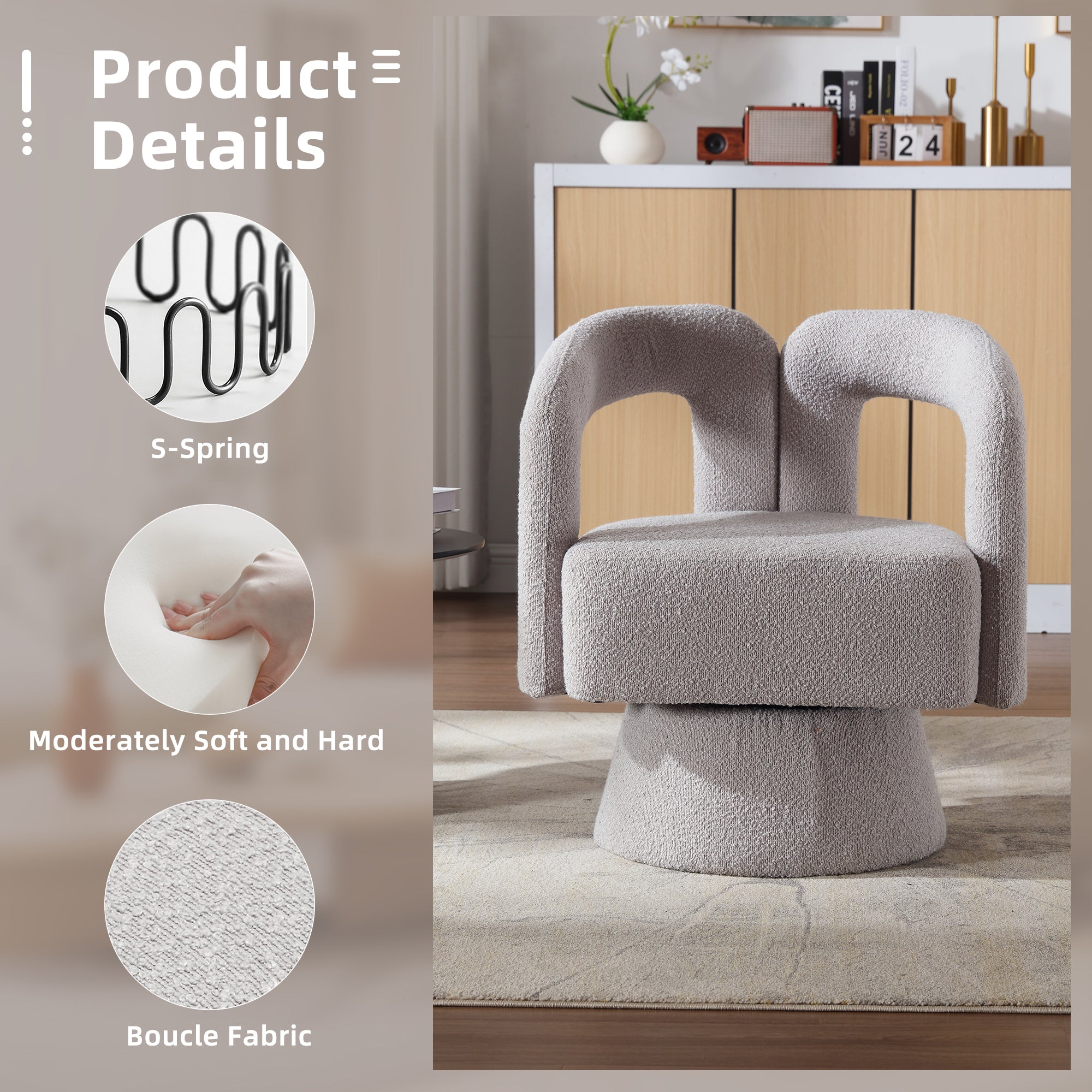 Coolmore 360 Degree Swivel Cuddle Barrel Accent Chairs, Round Armchairs With Wide Upholstered, Fluffy Fabric Chair For Living Room, Bedroom, Office, Waiting Rooms Light Gray Boucle Light Gray Foam Boucle
