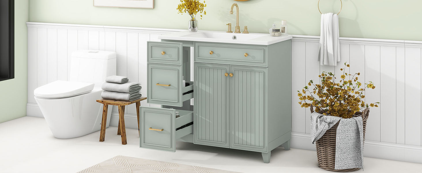 36 Inch Bathroom Vanity, Transitional Style Bathroom Cabinet With Resin Sink, Green Single Bathroom Cabinet, With 2 Drawers And 1 Adjustable Storage Shelf, 2 Soft Close Doors Green Bathroom Solid Wood Mdf Resin