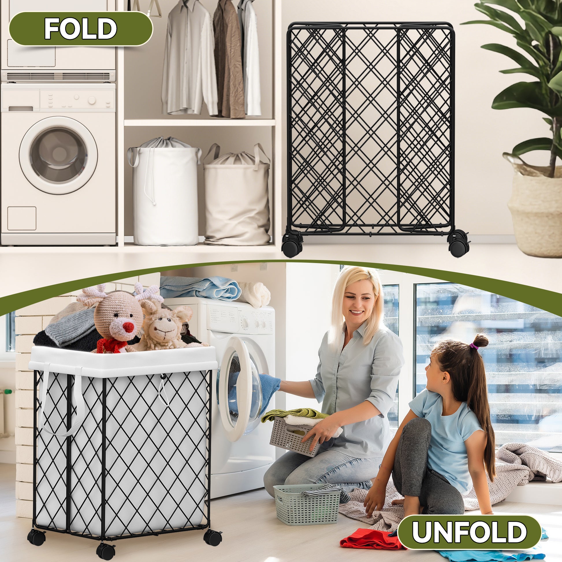 Laundry Basket With Wheels, Rolling Laundry Hamper, Detachable And Washable Lining, Metal Frame, Suitable For Bedrooms, Bathrooms, Laundry Rooms, White White Black 1 Foldable Freestanding Boho