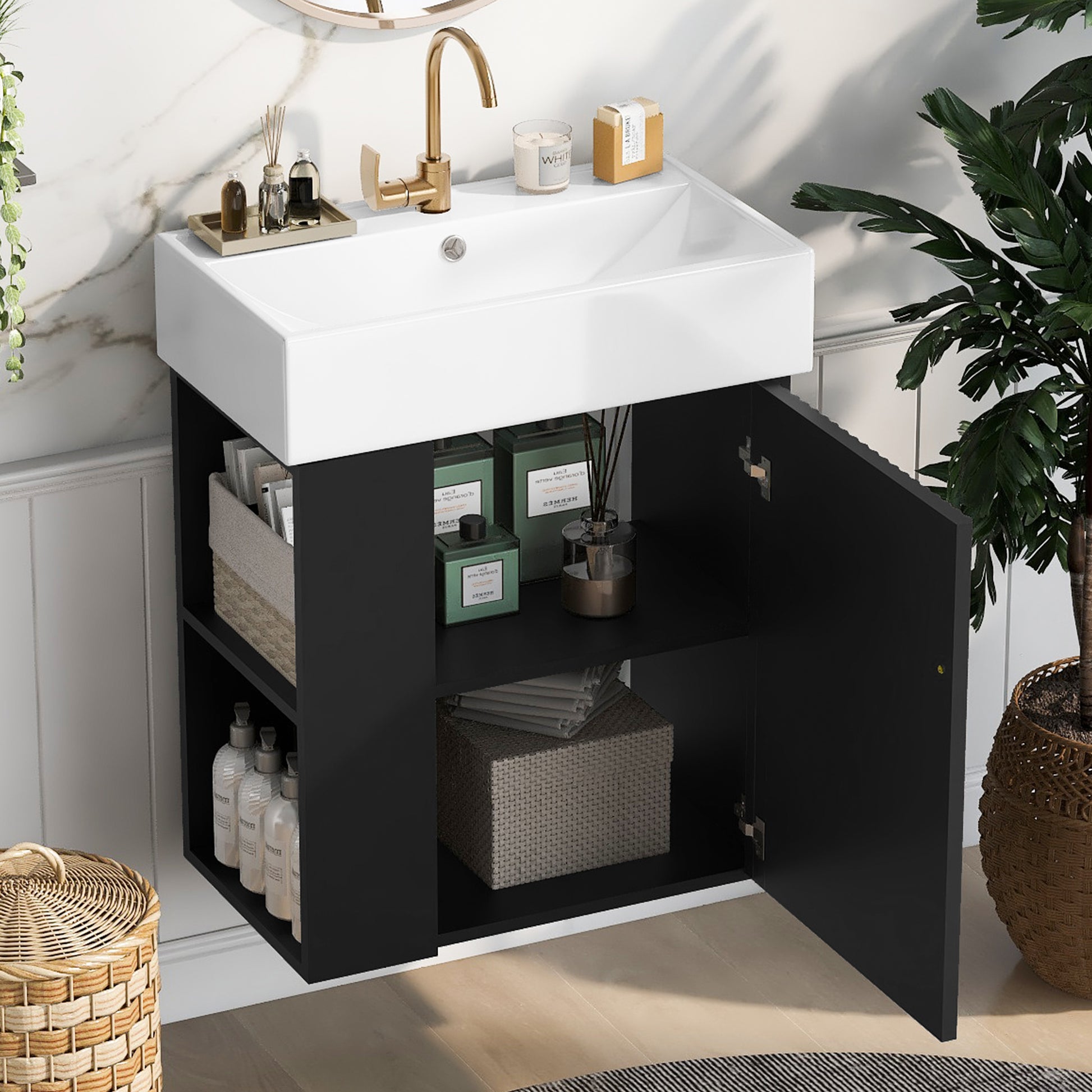 Video 21.6 Inch Modern Floating Bathroom Vanity With Ceramic Basin Perfect For Small Bathrooms, Left Side Storage Black Bathroom Ceramic Mdf
