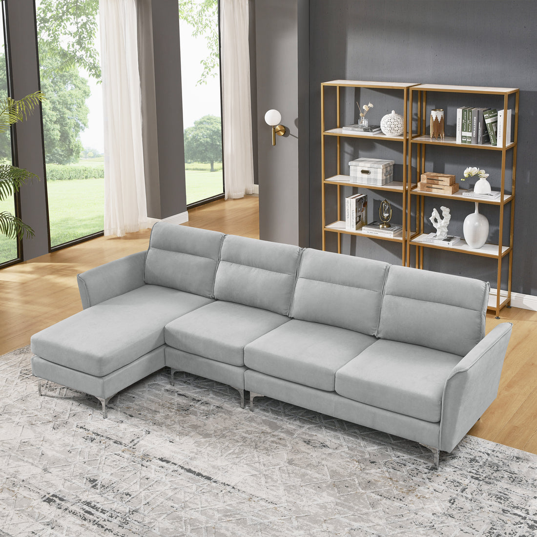 Modern Sofa 3 Seat Couch With Stainless Steel Trim And Metal Legs For Living Room,Gray Gray Foam 3 Seat