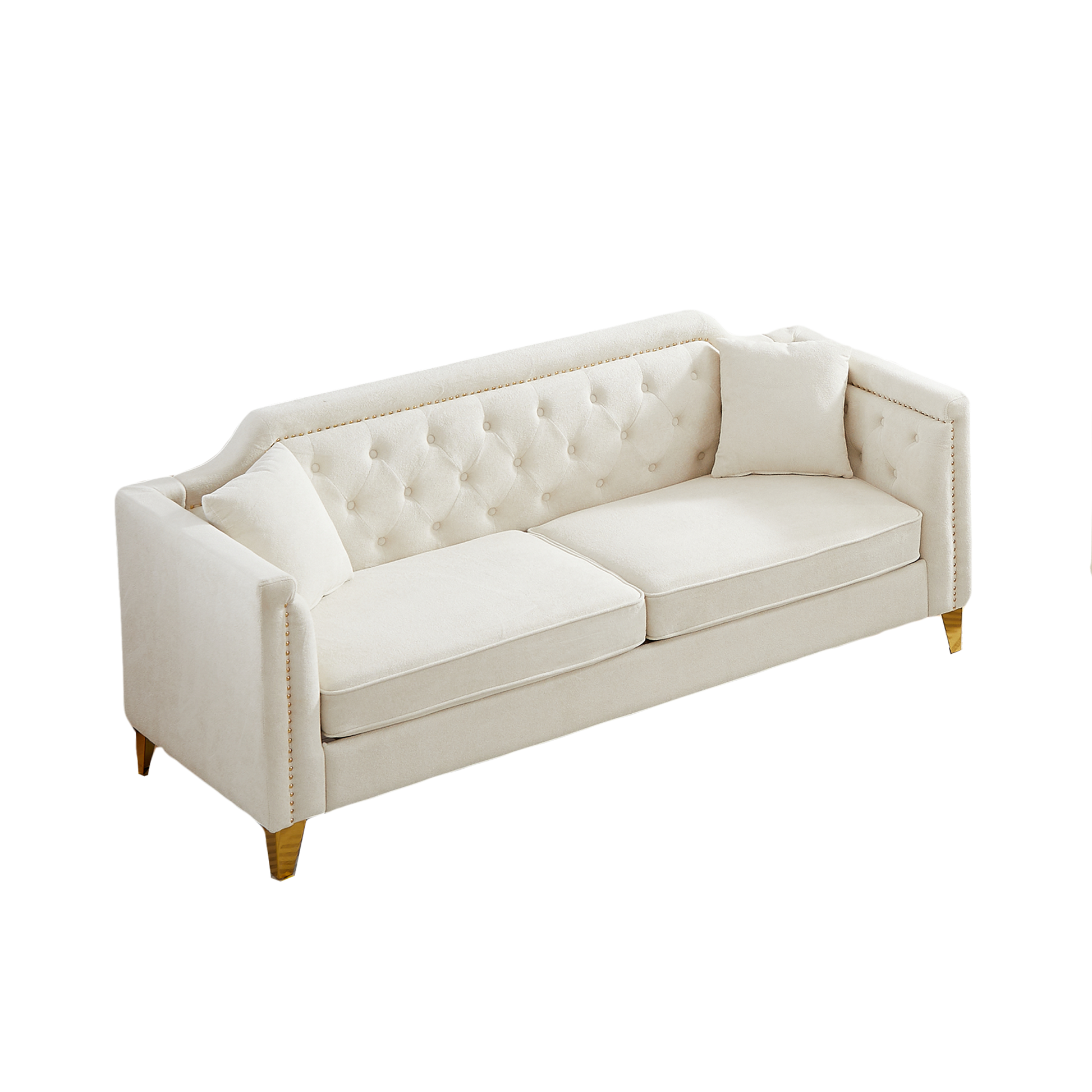 Fx 81"Mid Century Design Modern Sofa,Chenille Pull Buckle Design Sofa For Living Room,Buttons Tufted With Copper Nail Decoration Armrest, With 2 Pillows,Modern Couch Upholstered Button And Metal Leg Beige Chenille Pine Foam Fabric 3 Seat
