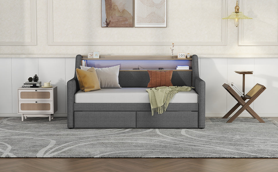 Twin Size Daybed With Storage Drawers, Upholstered Daybed With Charging Station And Led Lights, Gray Old Item W1580S00023 Twin Gray Linen