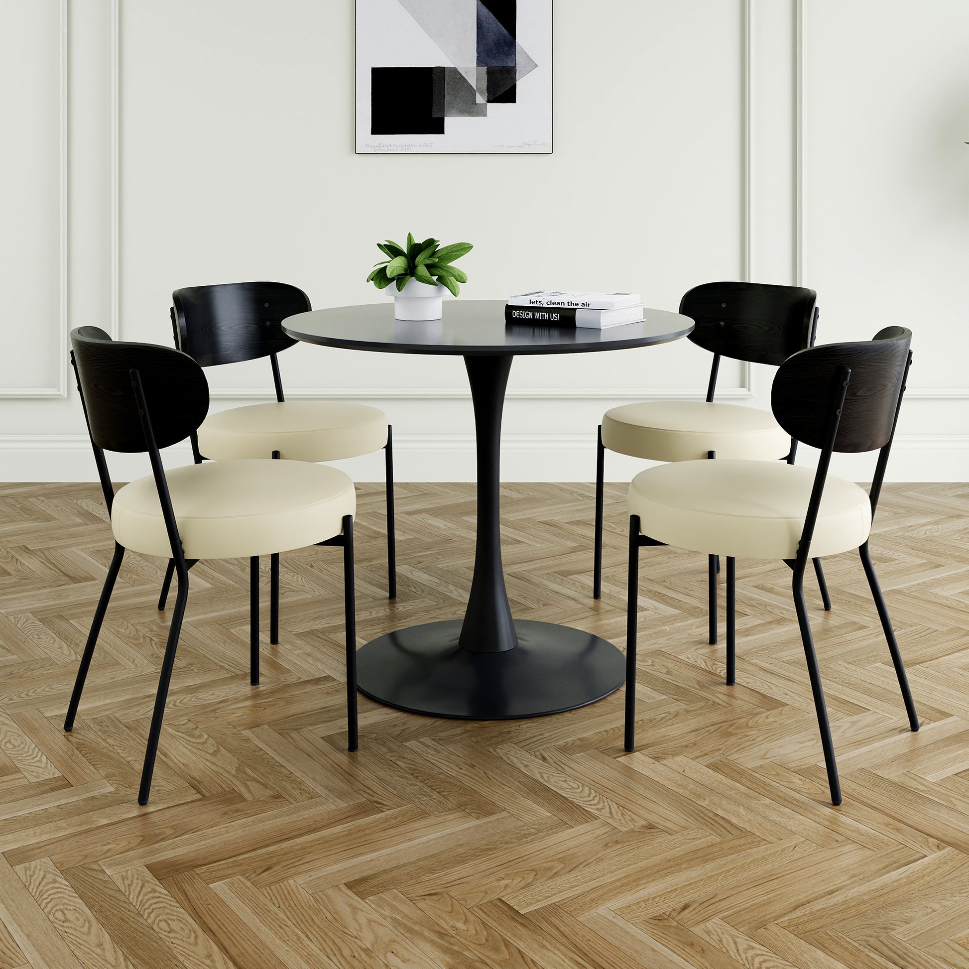 Modern Grey Simple Pu Dining Chair Upholstered Chair Family Bedroom Stool Back Dressing, Black Round Table Set, Bentwood Covered With Ash Veneer Chair Back, Chair Black Metal Legs Set Of 5 Black Mdf