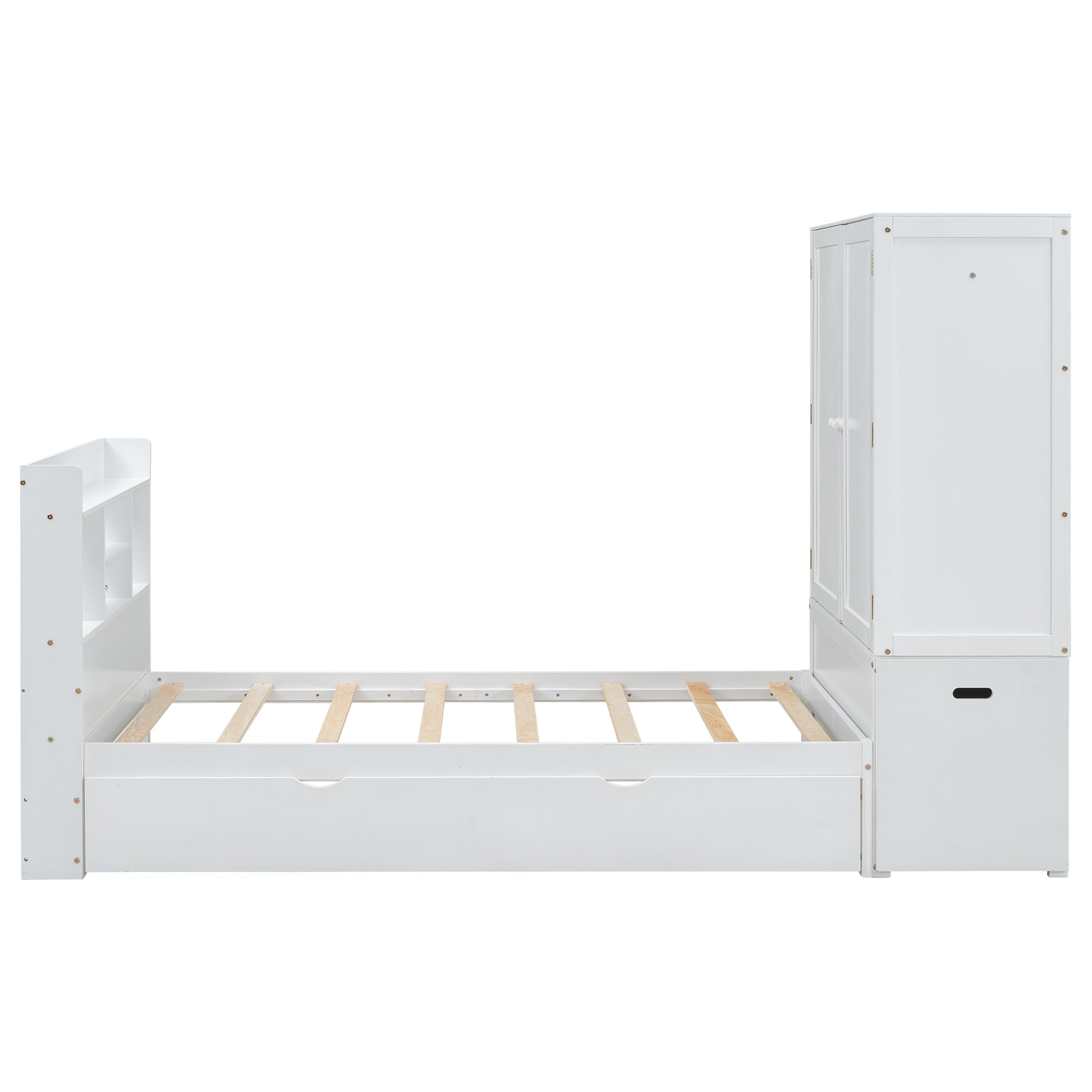 Twin Size Platform Bed With Storage Headboard And Footboard, Pull Out Shelves And Twin Size Trundle, White Box Spring Not Required Twin White Wood Bedroom Bed Frame Solid Wood Mdf