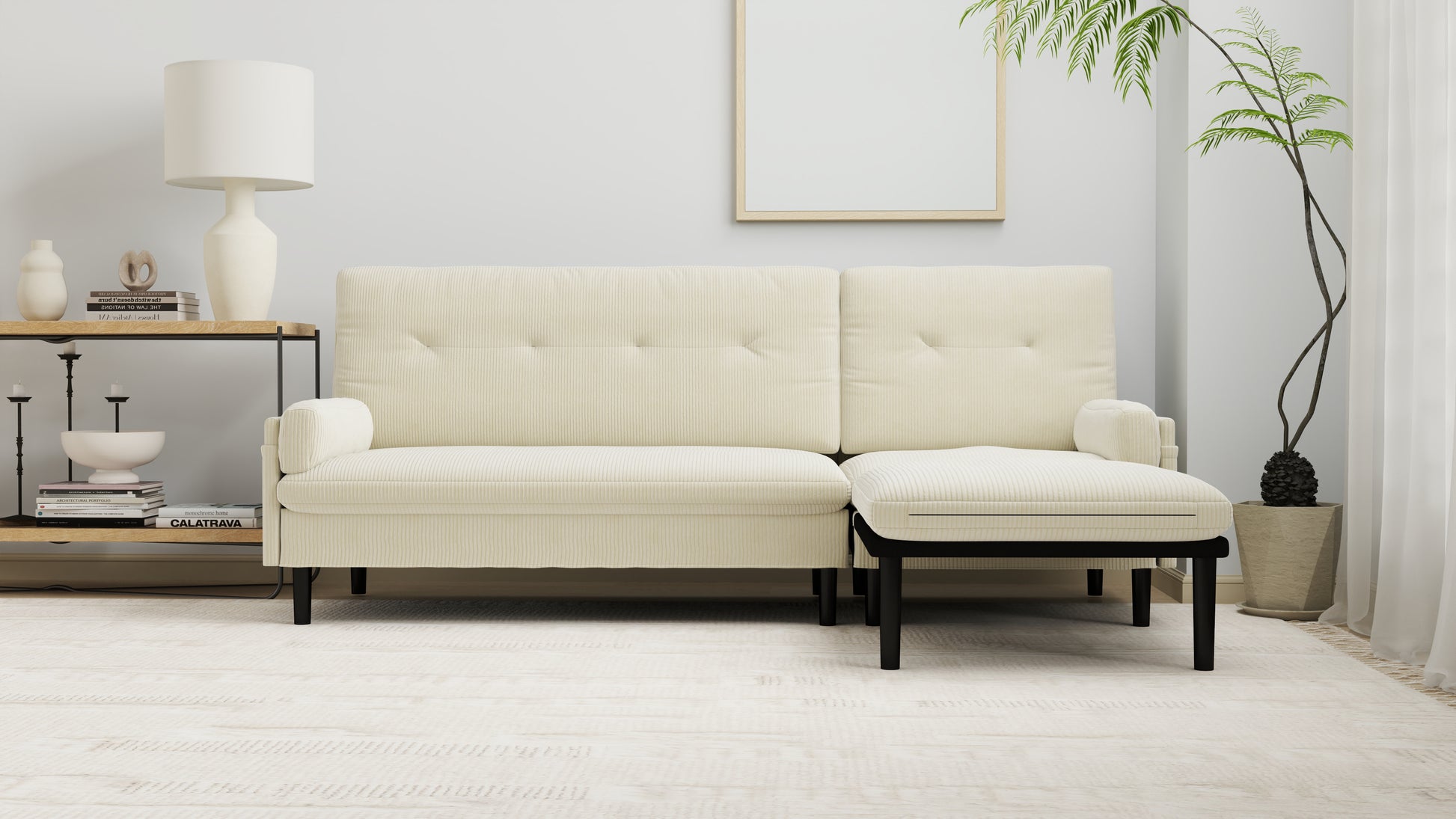 Ivory Corduroy Sectional Sofa: Convertible 3 Seater Sofa, L Shaped Sofa, And Bed Ivory Velvet Metal Primary Living Space Medium Soft Loose Back Pillow Top Arms Foam Fabric Metal 3 Seat
