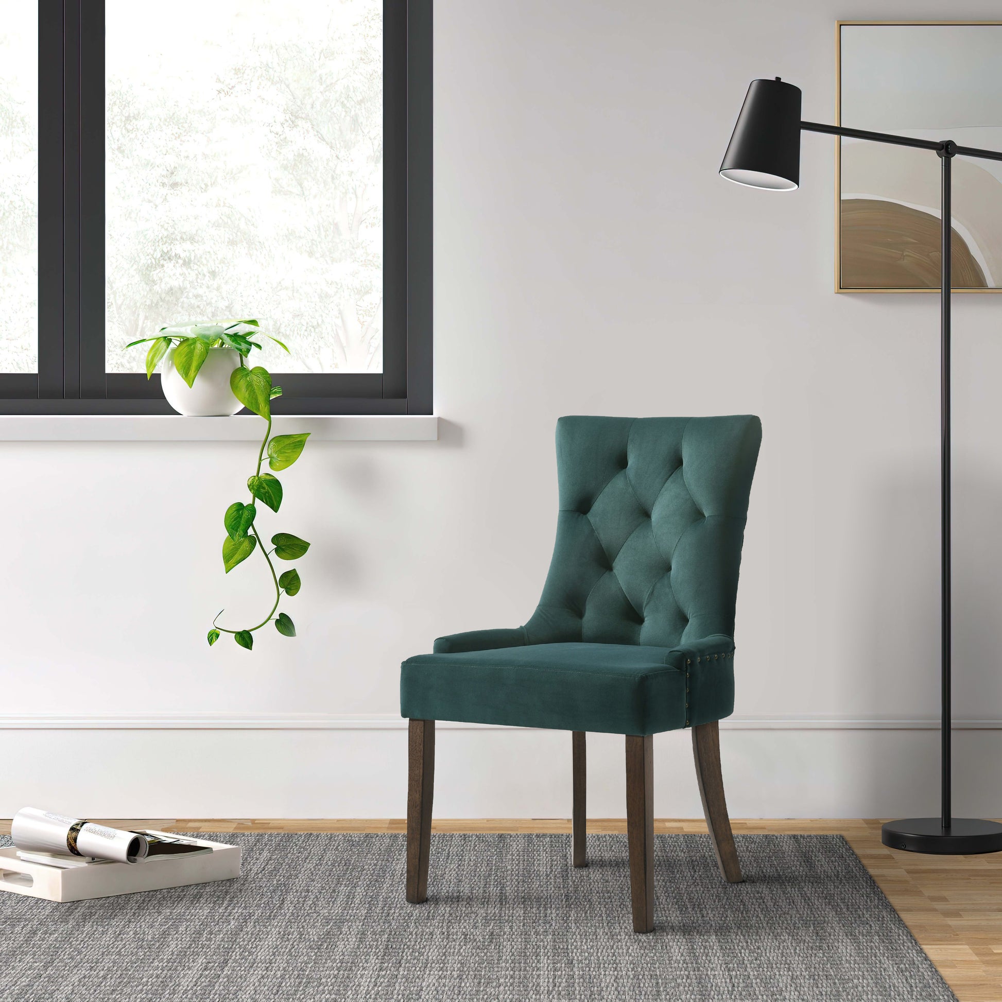 Esme 24 Inch Solid Wood Dining Chair, Velvet, Tufted, Set Of 2, Green Brown Green Wood Fabric