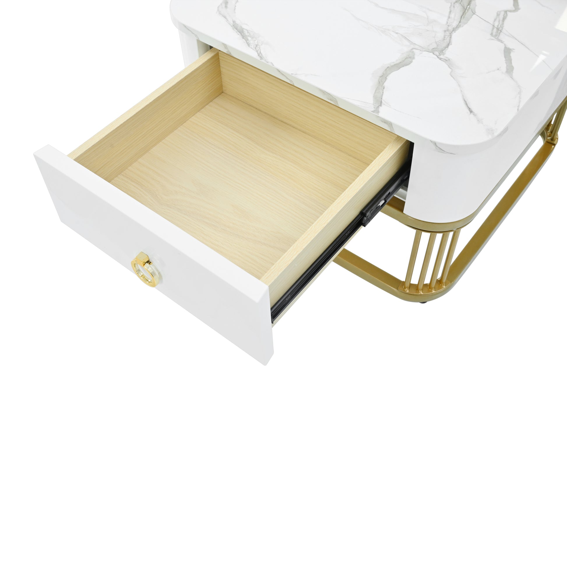 Nesting Coffee Table With Drawer, Set Of 2, Exquisite Square Stacking Coffee Tables With Brown Tempered Glass, Side Table With High Gloss Marble Grain Tabletop For Living Room, White White Gold Primary Living Space Drawers Square Mdf Steel