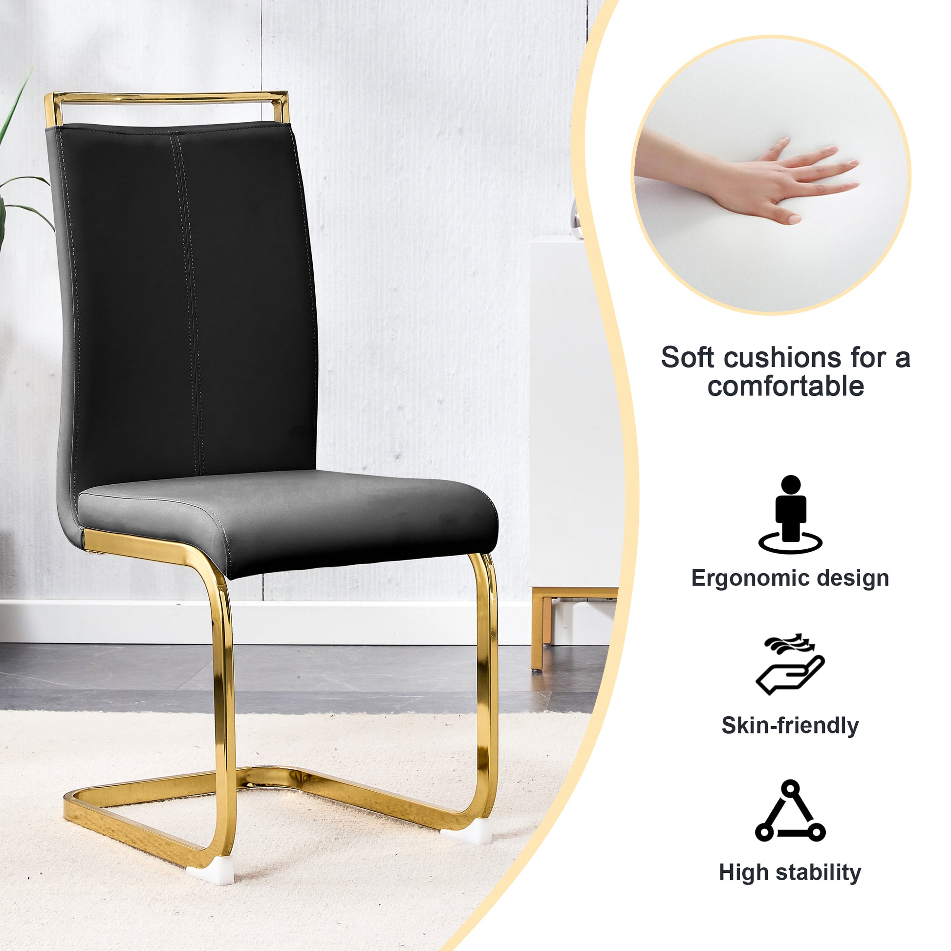 Table And Chair Set.Large Modern Rectangular Table With 0.4 Inch Patterned Glass Tabletop And Large Mdf Table Legs.Comes With 8 Chairs With Faux Leather Cushioned Seats And Golden Metal Legs. Gold White Seats 8 Mdf Glass