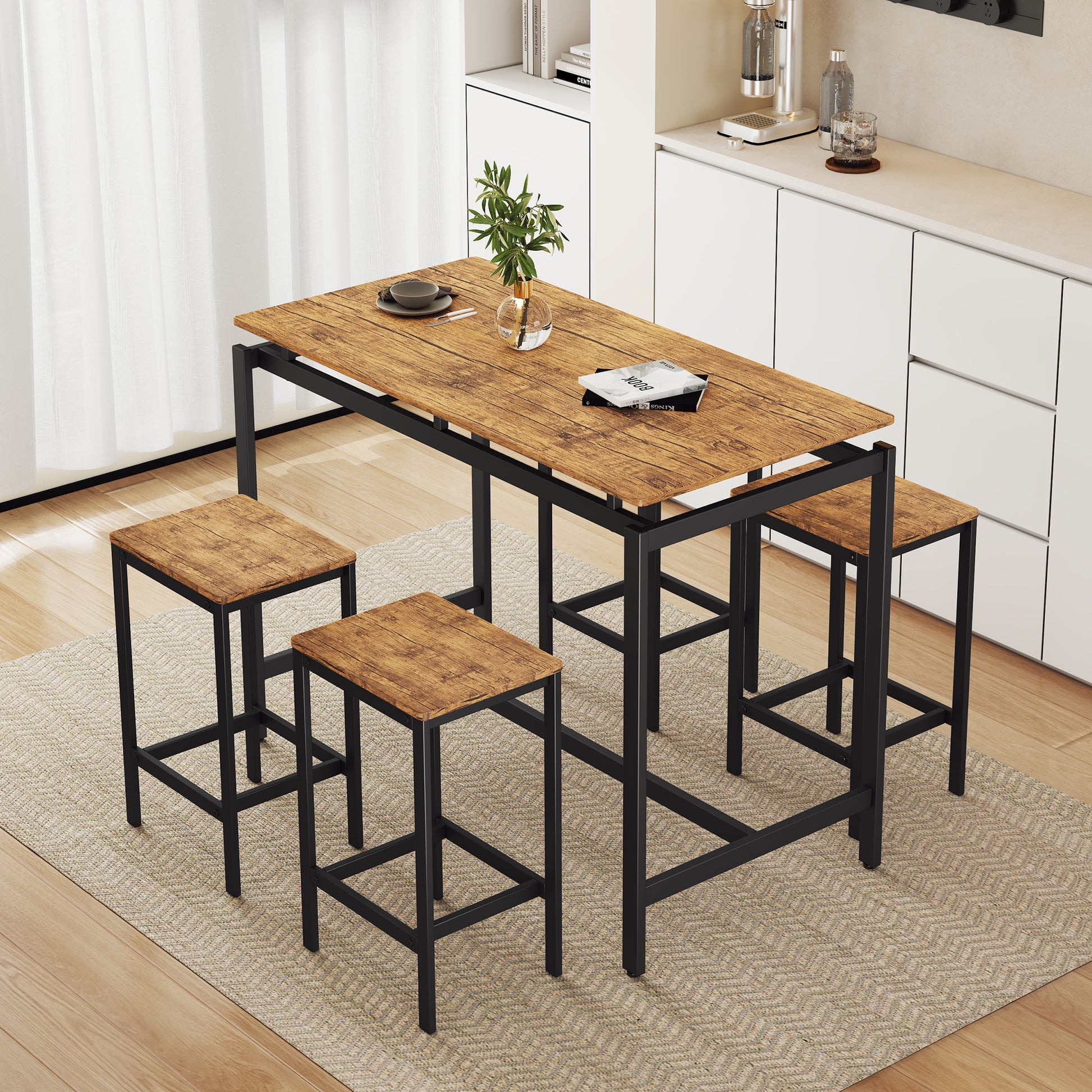 5 Piece Compact Bar Table Set With Table And Stools Modern Industrial Design, Space Saving Furniture For Dining Room And Breakfast Nook Brown Brown Mdf Steel