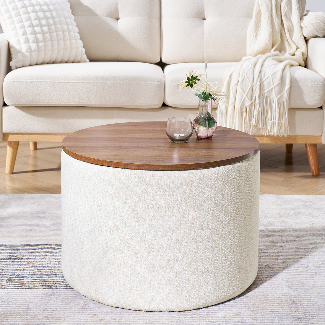 2 Piece Set Round Chenille Storage Ottoman, Equipped With A Drum Shaped Small Stool, Storage Space, And Mdf Made Desktop Panel Beige 23.62"X23.62"X16.53" Beige Chenille