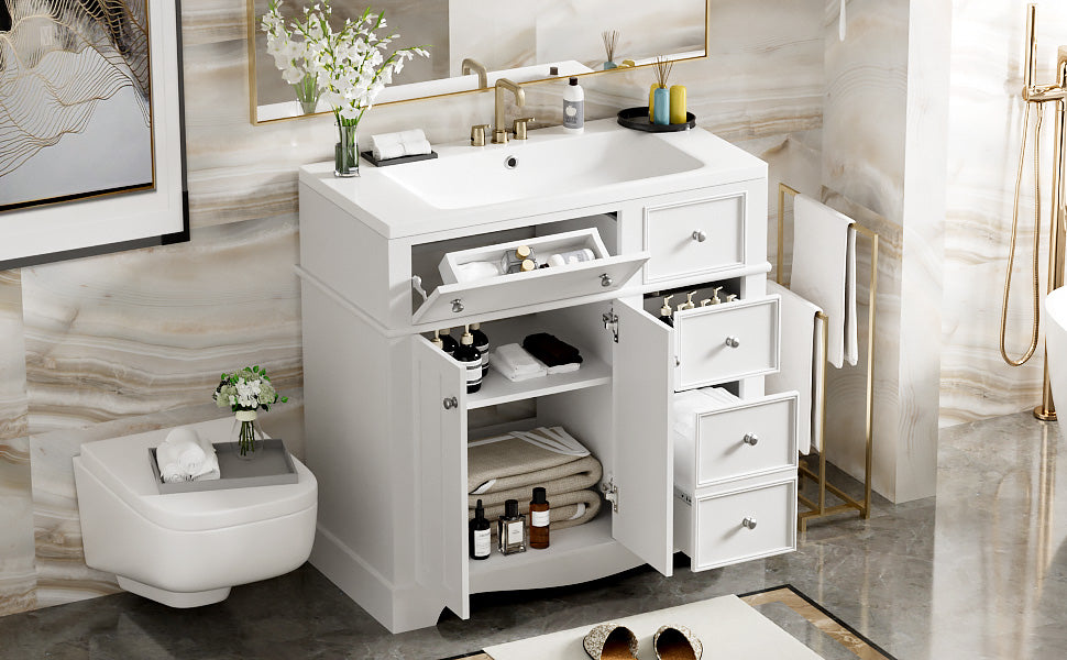 36'' Bathroom Vanity With Resin Sink Combo, Solid Wood Frame Bathroom Storage Cabinet, Freestanding Vanity Set With 3 Drawers& Adjustable Shelf White Bathroom Modern Solid Wood Mdf Resin