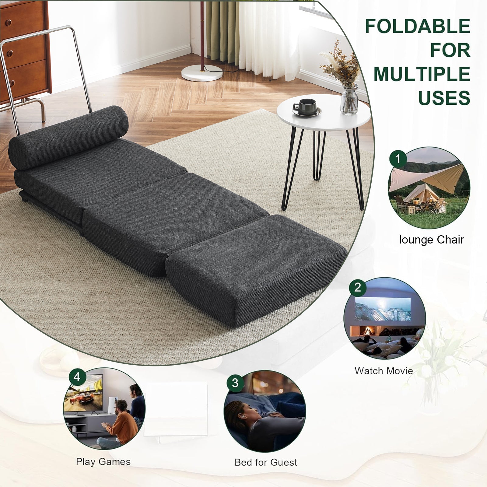 Single Sofa Chair Foldable Single Sofa Bed With Pillow,Portable Foldable Sofa Bed,Leisure Sofa Chair,Easy To Store,Made Ofand Wearable Linen,Dark Grey Dark Gray Modern Foam Linen