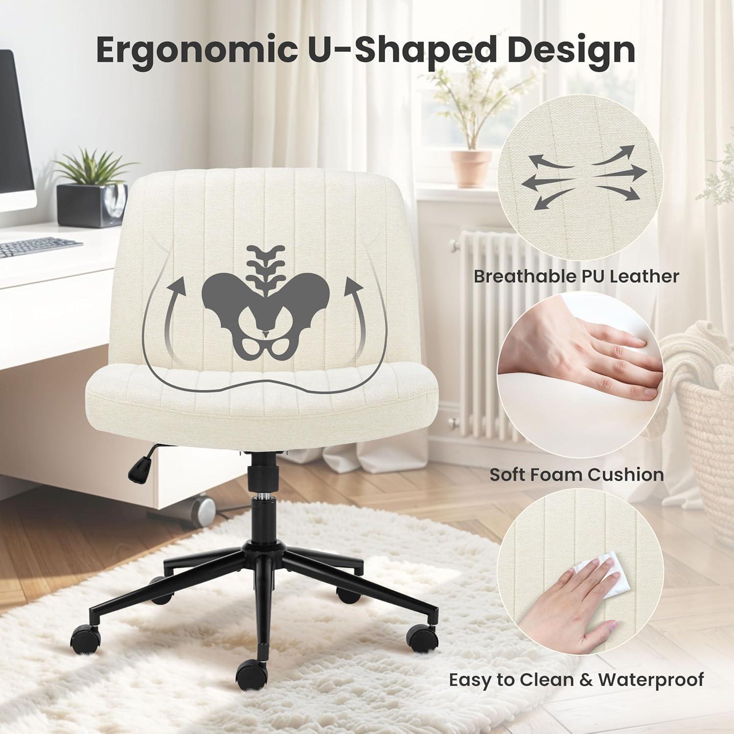 Criss Cross Chair With Wheels, Armless Legged Office Desk Chair, Comfy Swivel Rolling Vanity Chair, Ergonomic Fabric Modern Wide Seat Adjustable Home Office Chair White White Metal