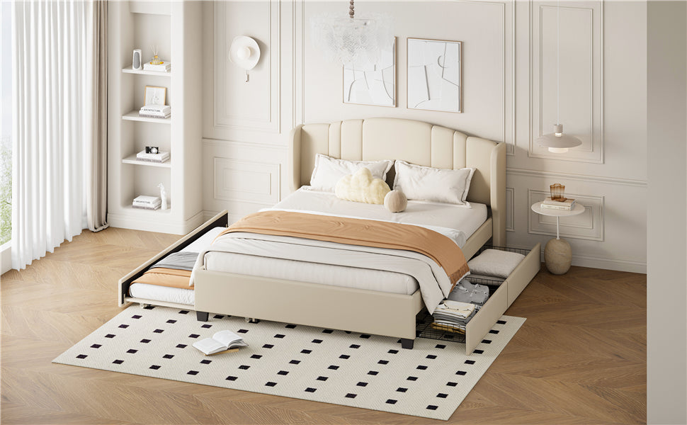 Upholstered Platform Bed With Wingback Headboard, One Twin Trundle And 2 Drawers, No Box Spring Needed, Linen Fabric, Queen Size, Beige Beige Linen