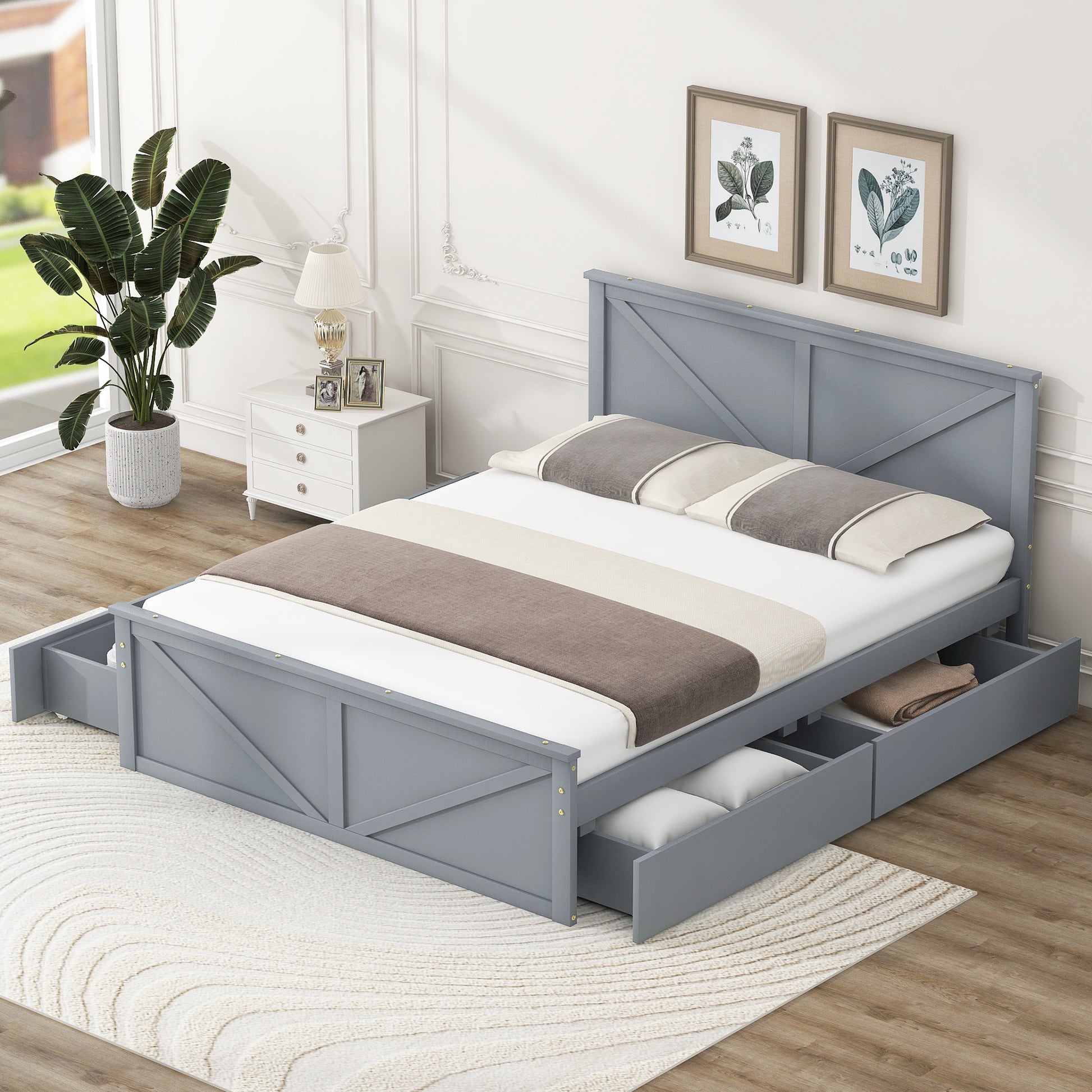 Queen Size Wooden Platform Bed With Four Storage Drawers And Support Legs, Gray Queen Gray Pine