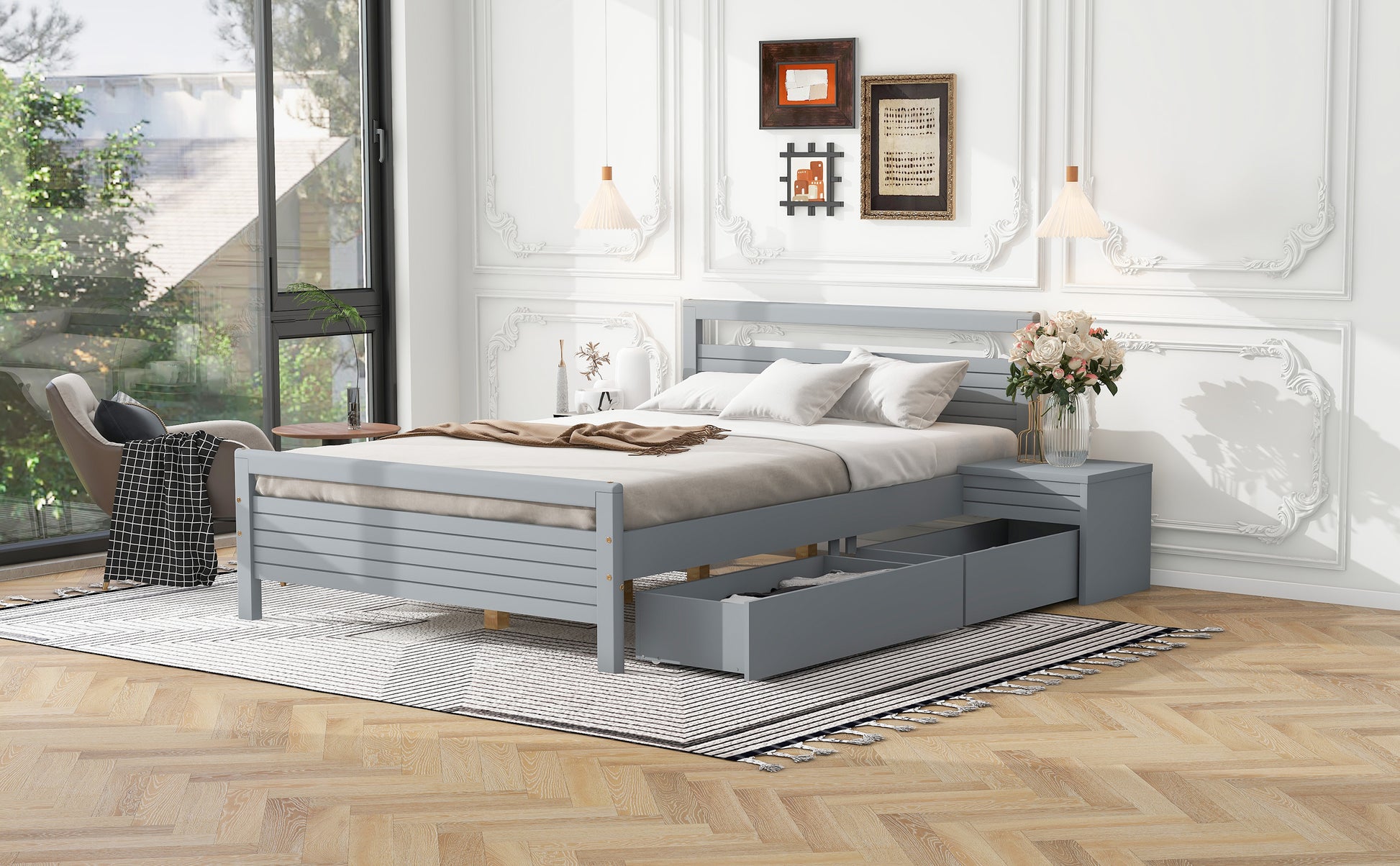 Full Size Wooden Platform Bed With 2 Storage Drawers And 2 Bedside Tables, Gray Full Gray Pine