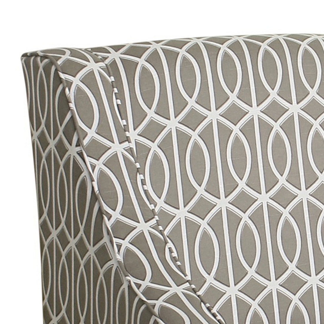 Fabric Upholstered Wooden Accent Chair With Trellis Pattern Design, Gray, White And Brown Grey Brown Wood Fabric
