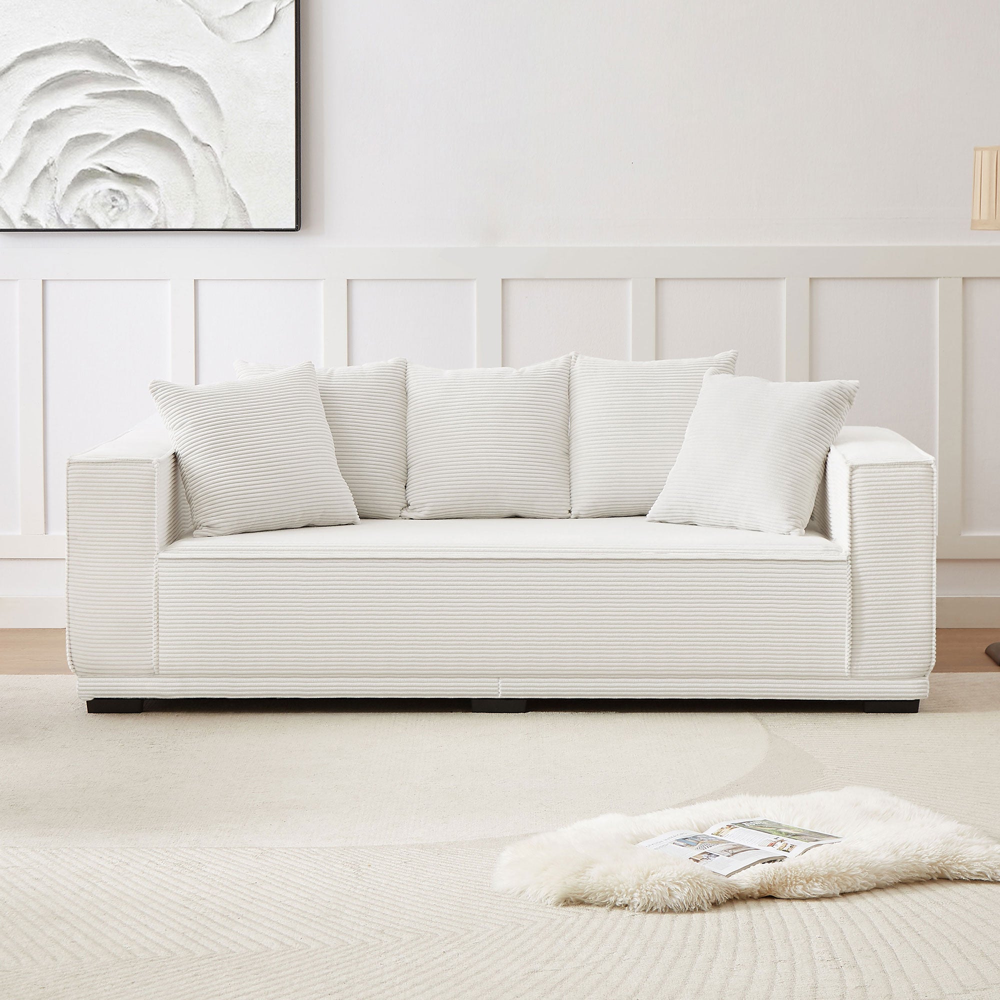 88.97'' Mid Century Modern Upholstered Sofa With 5 Matching Toss Pillows, Including Bottom Frame,Comfy Couches For Living Room, Bedroom, Apartment And Office.White White Corduroy 3 Seat