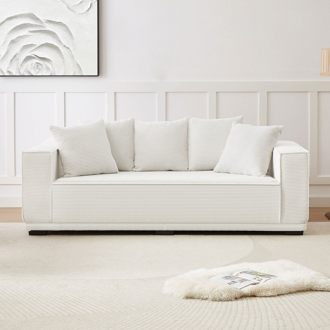 88.97'' Mid Century Modern Upholstered Sofa With 5 Matching Toss Pillows, Including Bottom Frame,Comfy Couches For Living Room, Bedroom, Apartment And Office.White White Corduroy 3 Seat