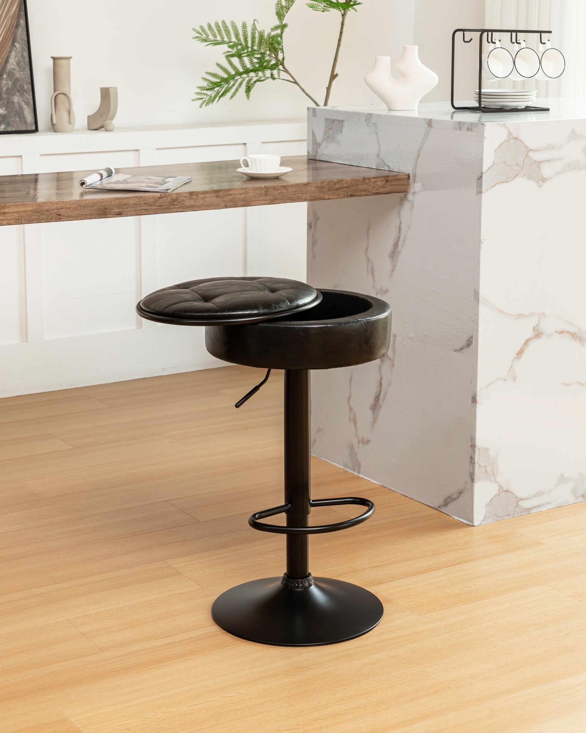 Round Storage Bar Stool Set Of 2, Black Faux Leather Height Adjustable Barstool, 360 Counter Height Swivel Stool, Armless Bar Chair With Metal Frame For Kitchen Counter Dining Living Room Black Set Of 2 Foam Pu Leather