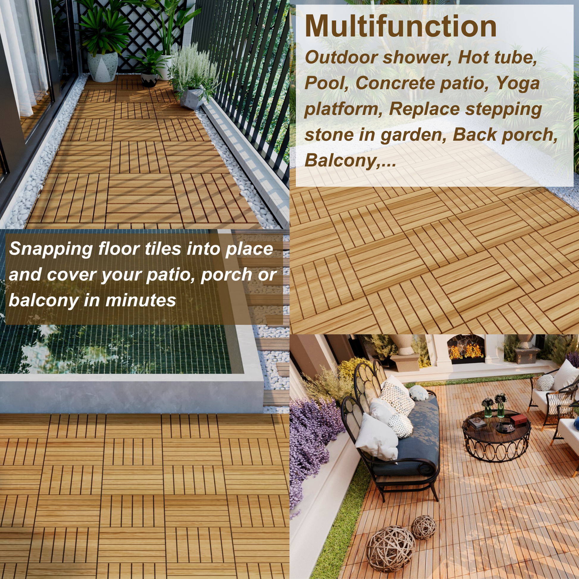 30 Pcs Interlocking Deck Tiles Striped Pattern, 12" X 12" Square Yellow Acacia Hardwood Outdoor Flooring For Patio, Bancony, Pool Side,.. Yellow Garden & Outdoor American Design,American Traditional Acacia Wood