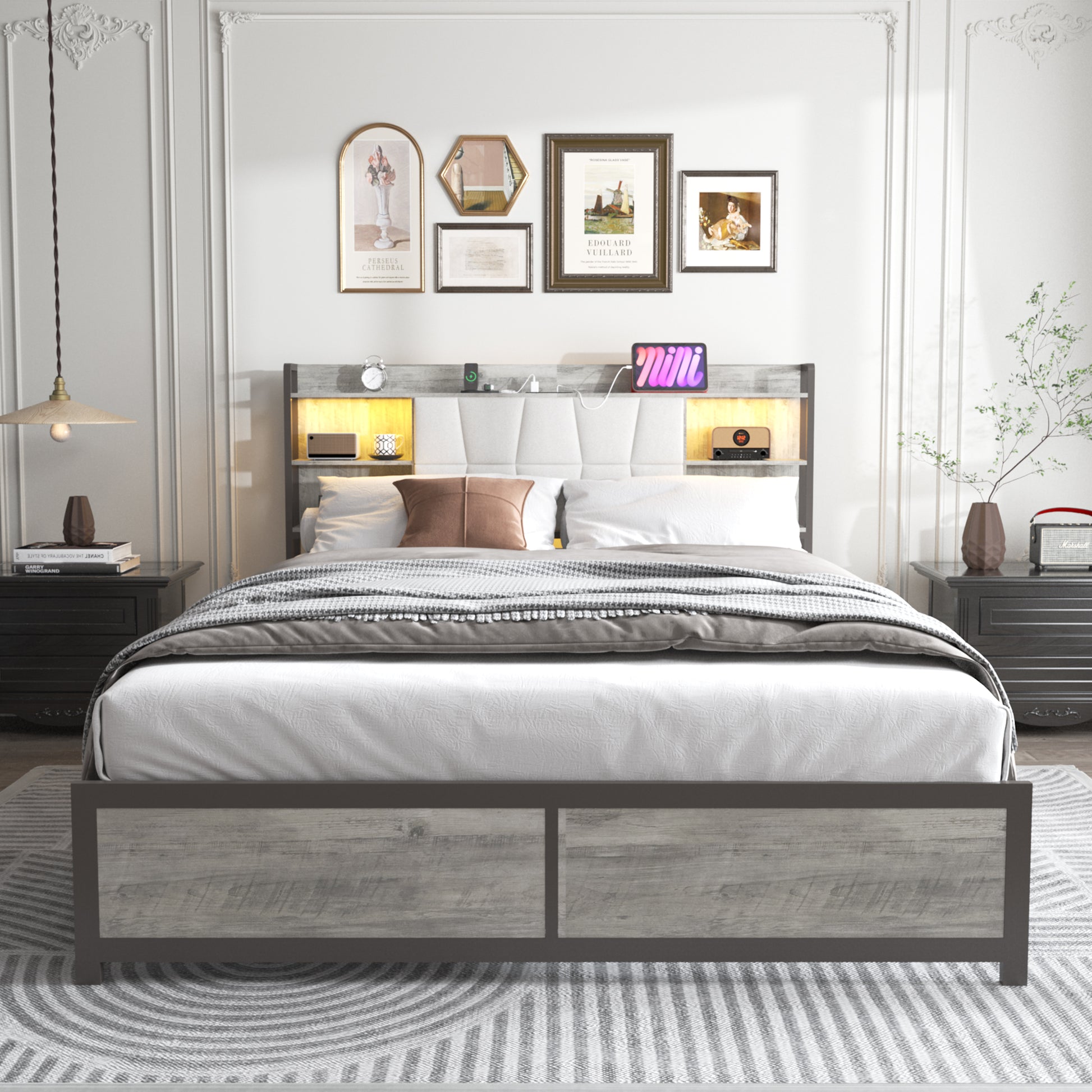 King Size Bed Frame With Led Light & Power Outlet, Platform Bed With Upholstered Headboard And Storage, Sturdy Metal Slats Support, No Box Spring Needed, Easy Assembly, Noise Free Box Spring Not Required King Dark Oak Metal Bedroom Modern Bed Frame Mdf