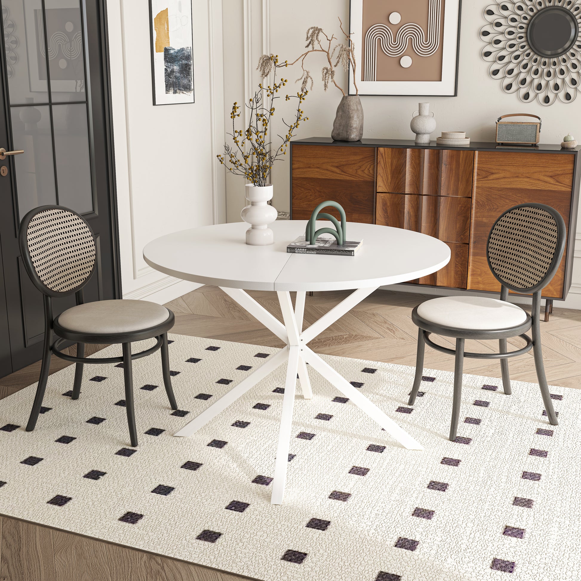 42.13'' Modern Cross Leg Round Dining Table, White Top Occasional Table, Two Piece Removable Top, Matte Finish Iron Legs White Mdf Metal