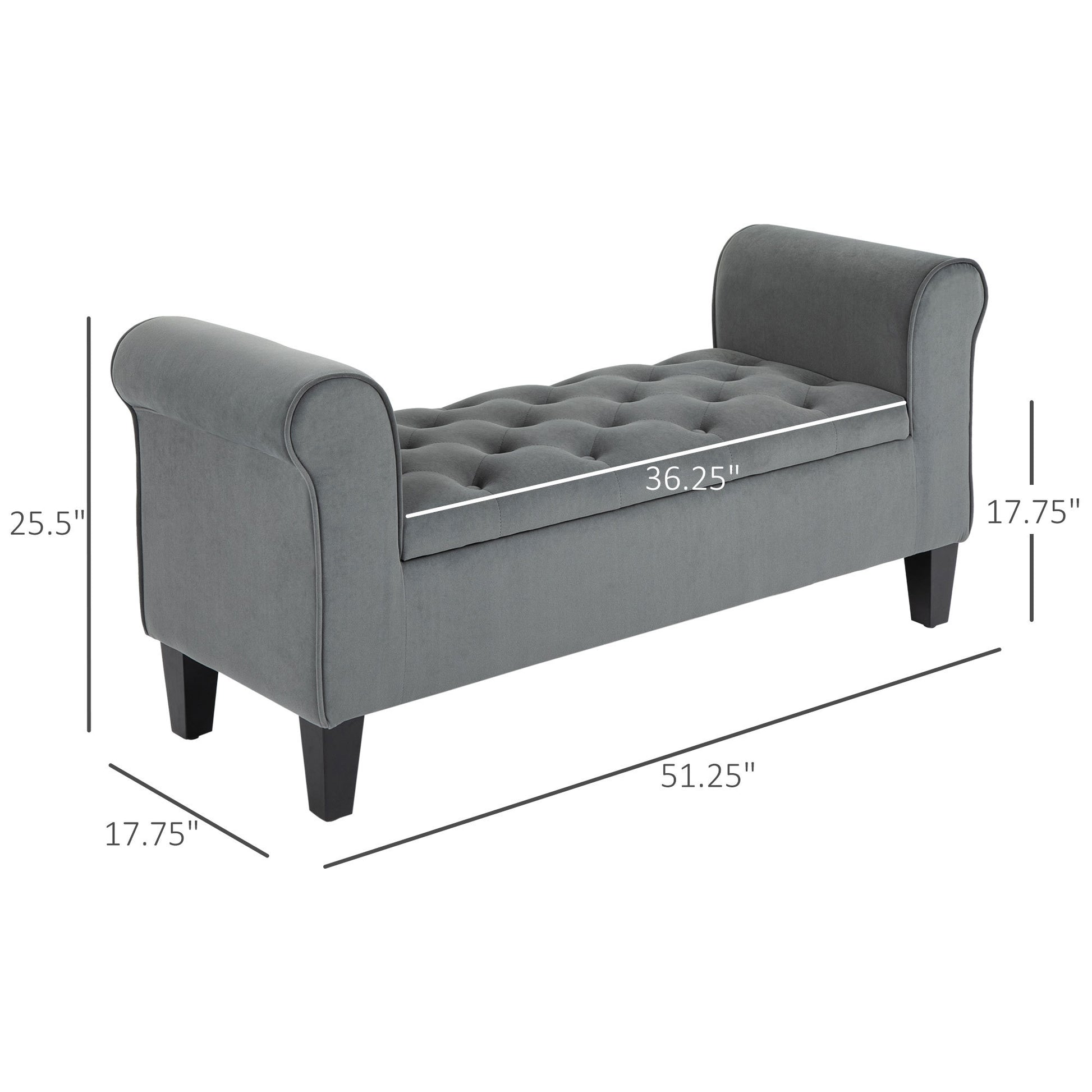 Homcom Button Tufted Storage Ottoman Bench, Upholstered Bench With Rolled Armrests For Living Room Or Hallway, Gray Grey Polyester